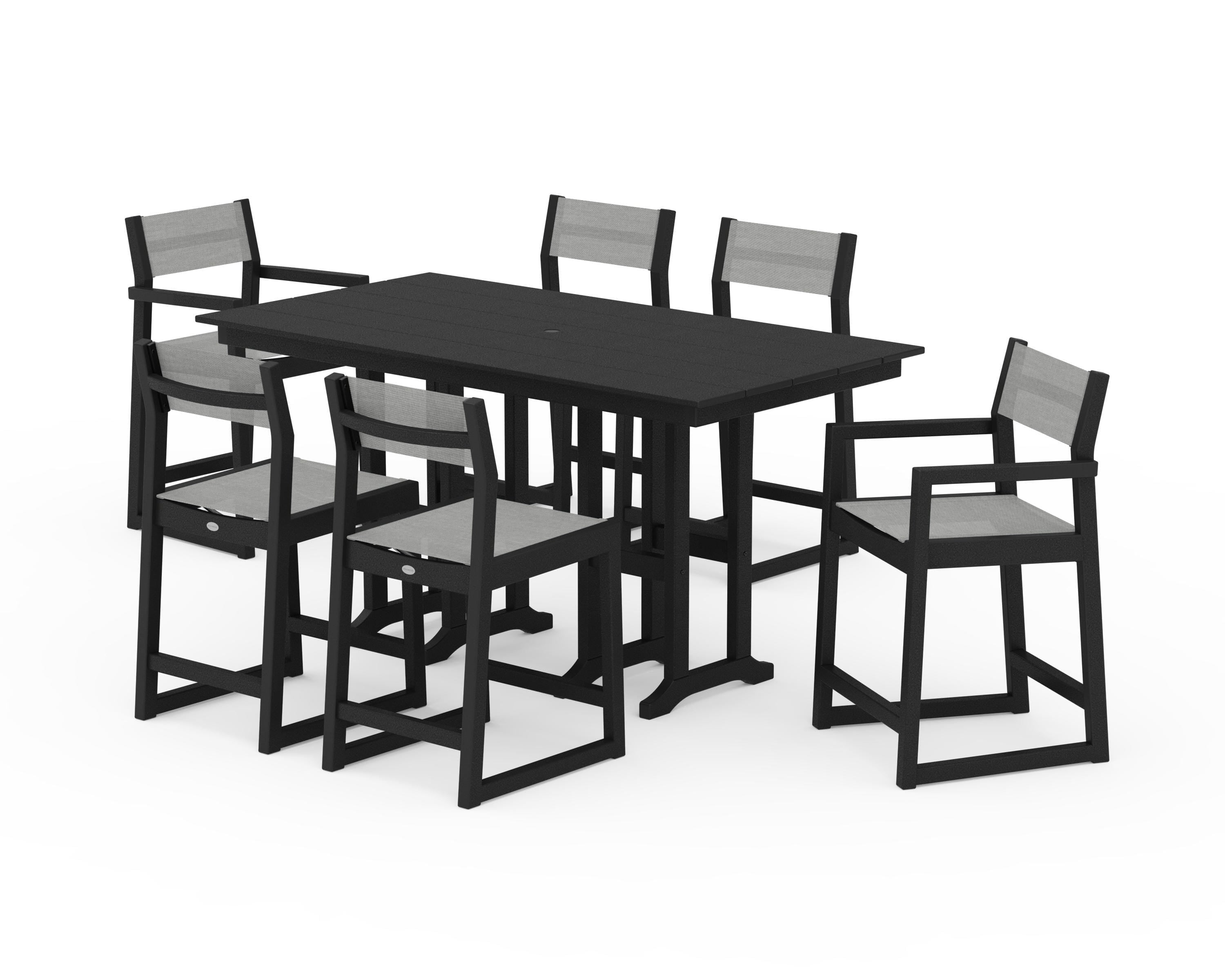 POLYWOOD® EDGE Sling 7-Piece Farmhouse Counter Set with Trestle Legs in Black / Metallic Sling