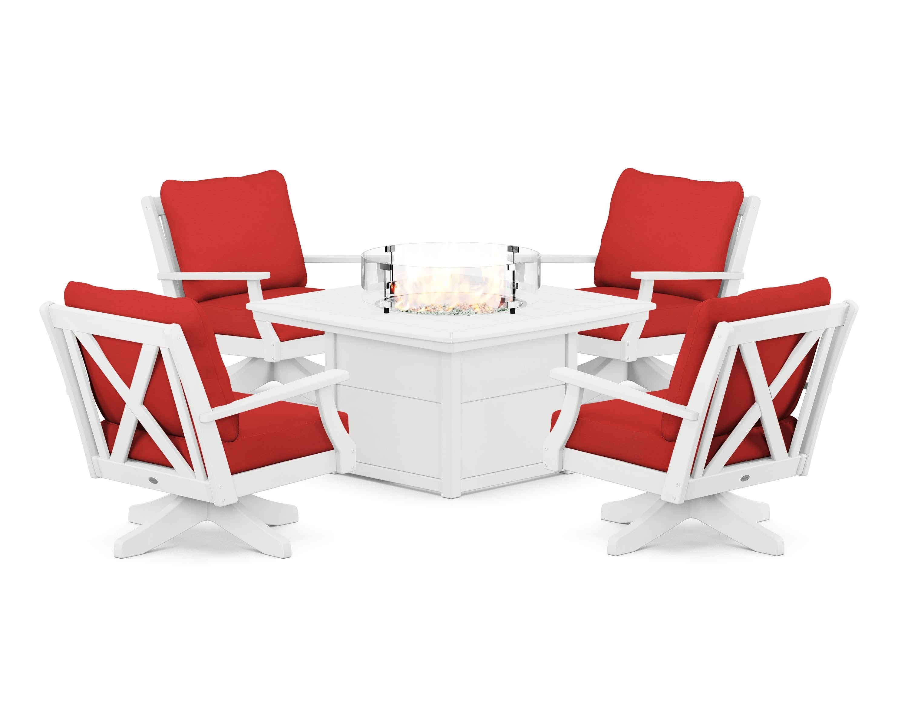 POLYWOOD® Braxton 5-Piece Deep Seating Swivel Conversation Set with Fire Pit Table in White / Crimson Linen