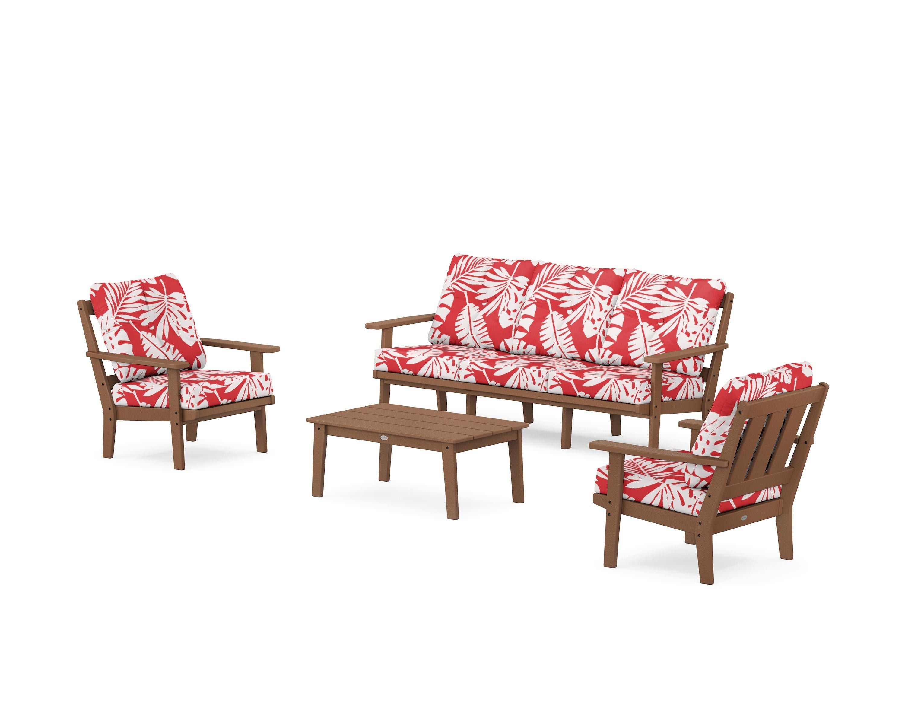 POLYWOOD® Oxford 4-Piece Deep Seating Set with Sofa in Teak / Leaf Crimson
