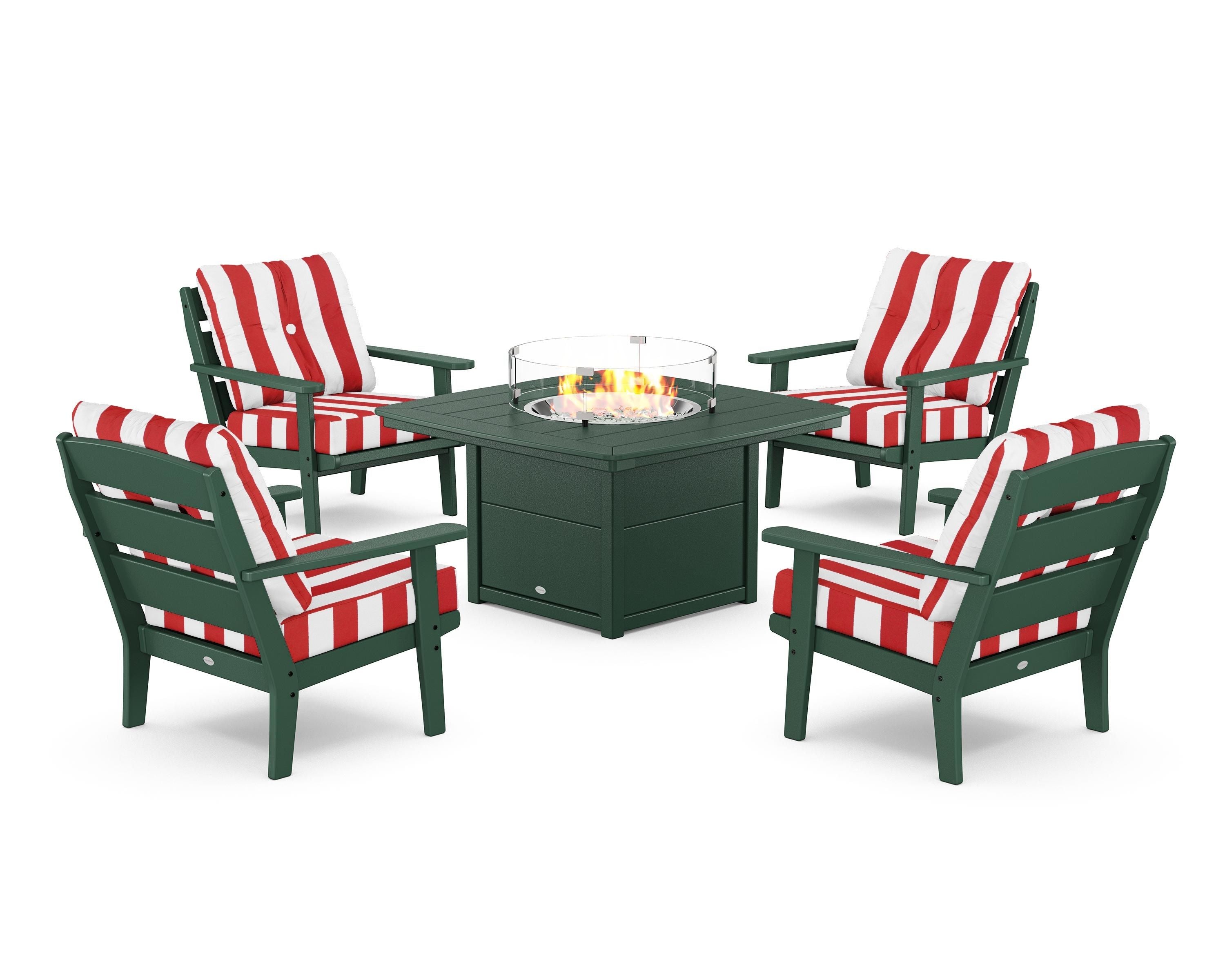 POLYWOOD® Lakeside 5-Piece Deep Seating Set with Nautical Fire Pit Table in Green / Cabana Stripe Crimson