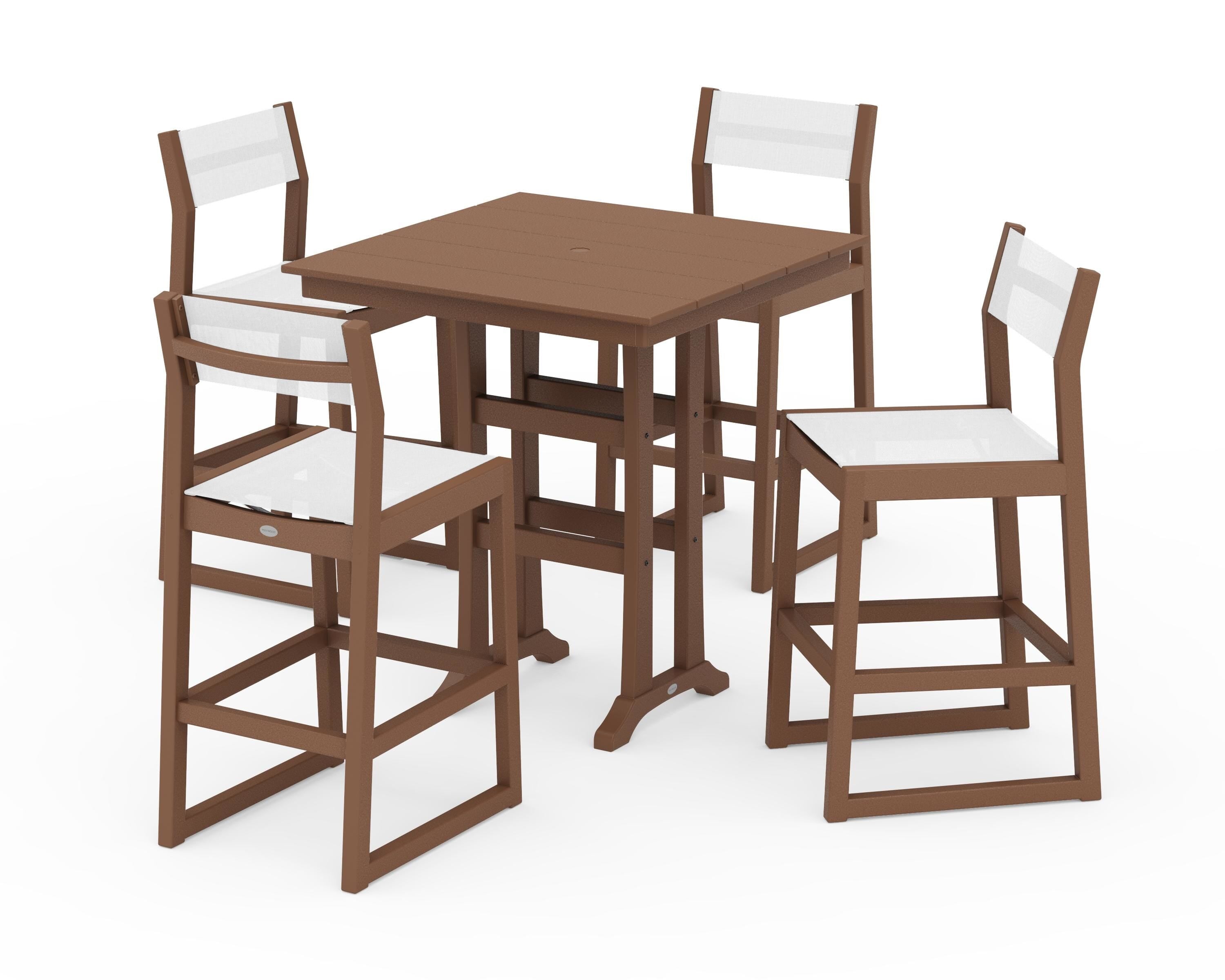POLYWOOD® EDGE Sling Arm Chair 5-Piece Farmhouse Bar Set with Trestle Legs in Teak / White Sling