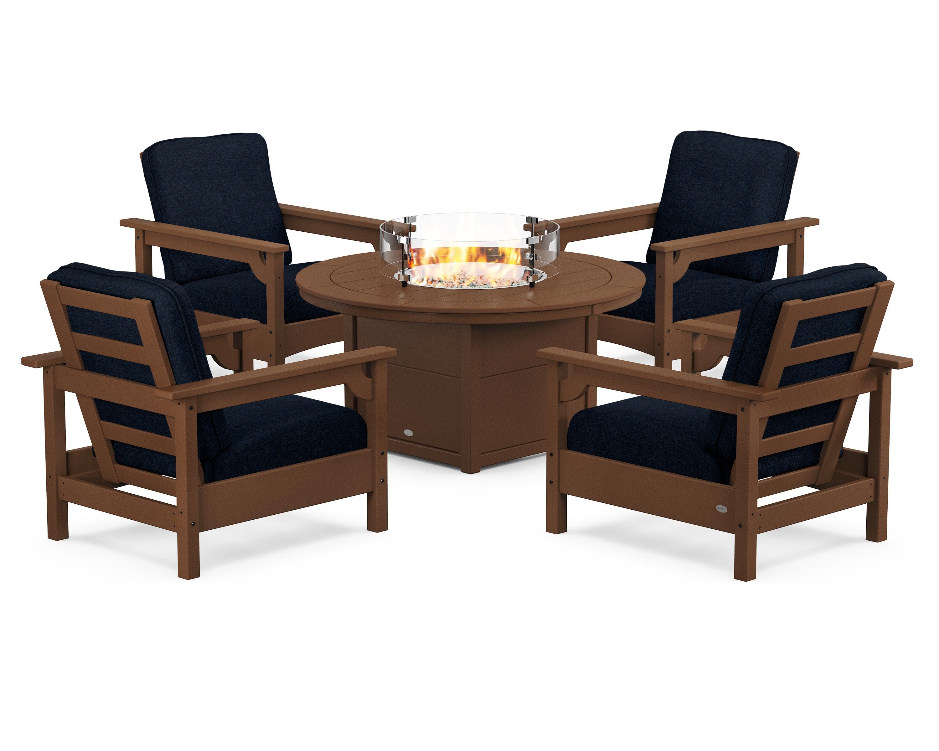 POLYWOOD® Club 5-Piece Conversation Set with Fire Pit Table in Teak / Marine Indigo