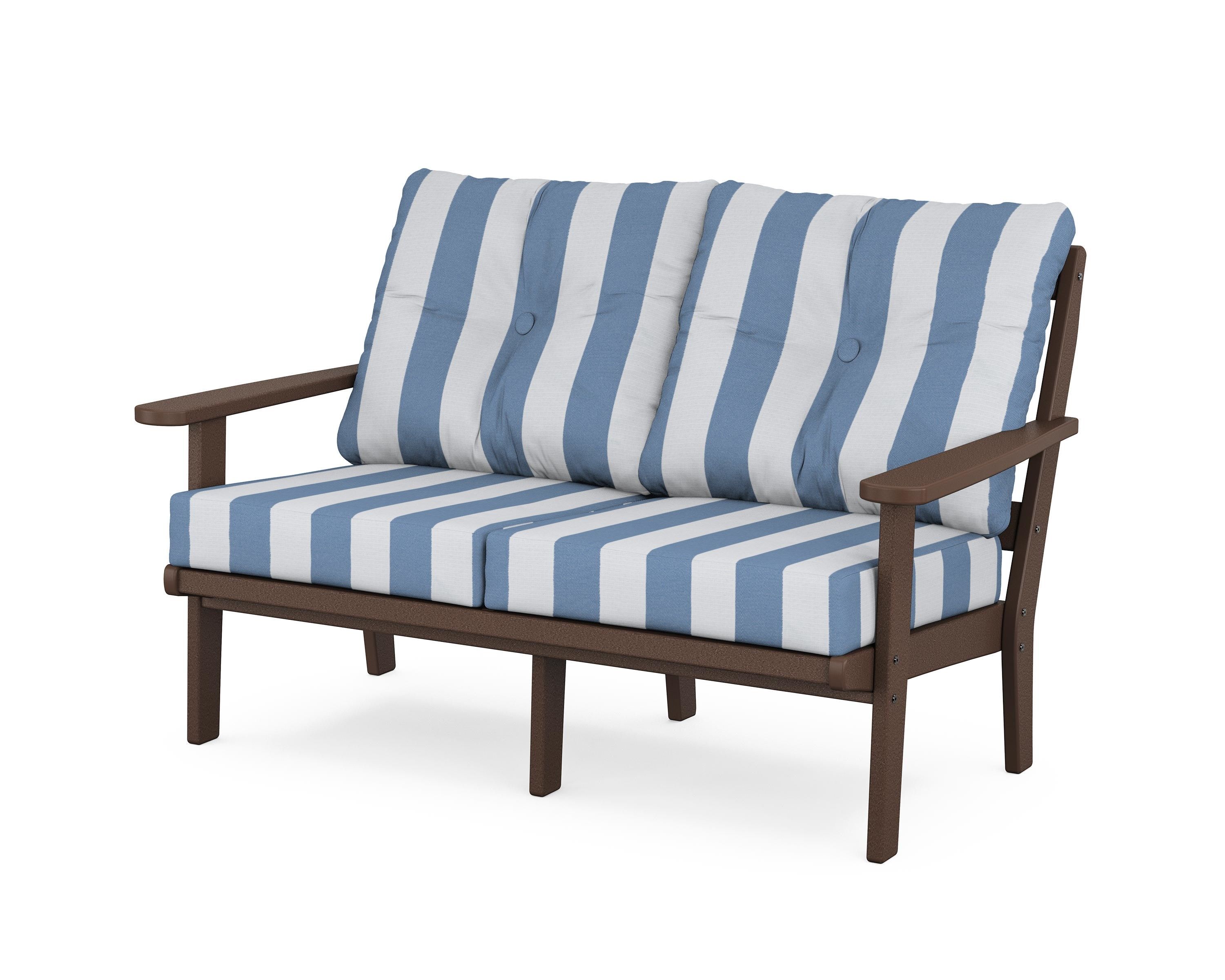 POLYWOOD® Mission Deep Seating Loveseat in Mahogany / Cabana Stripe Sky Blue