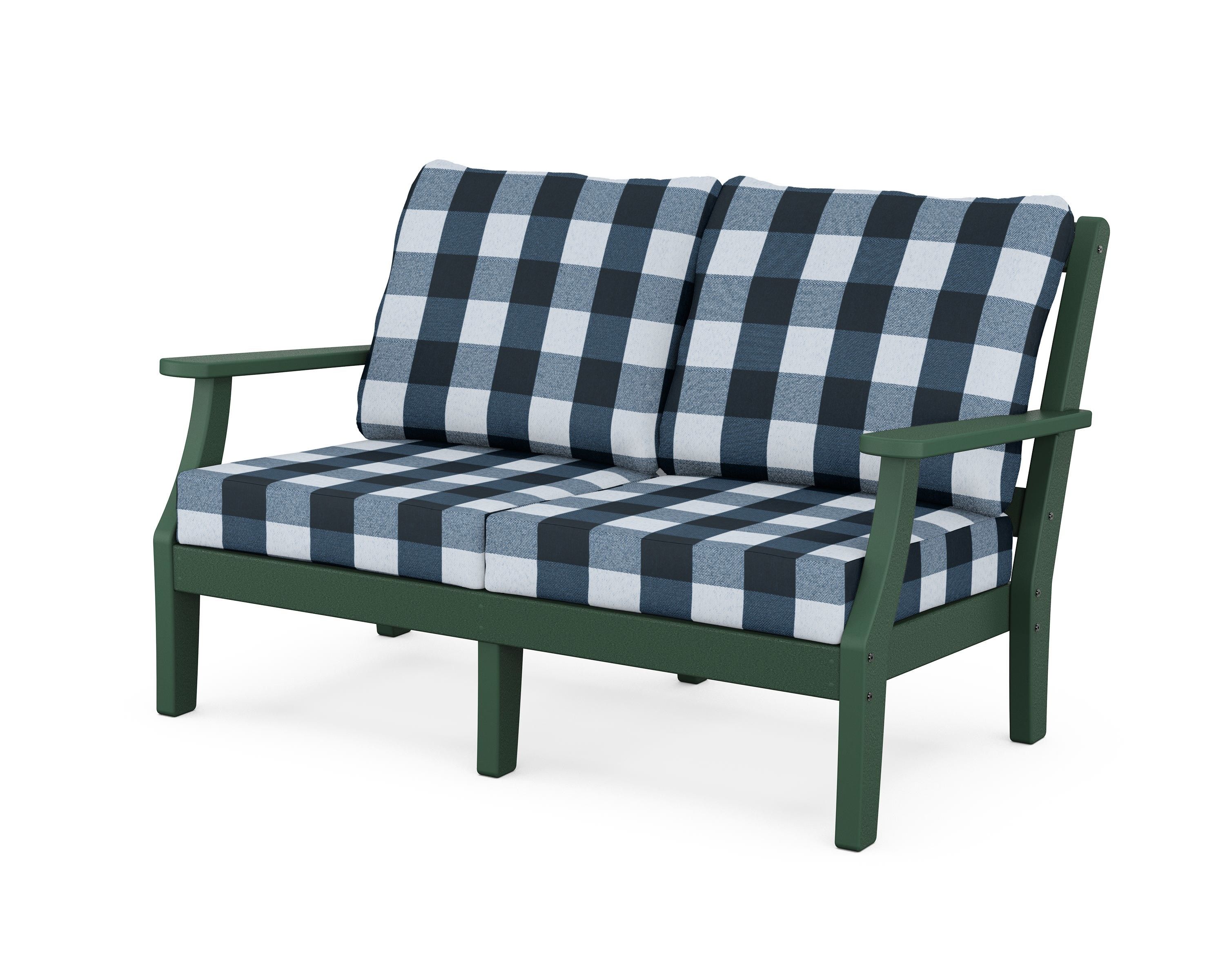 Martha Stewart by POLYWOOD® Chinoiserie Deep Seating Loveseat in Green / Buffalo Plaid Marine Indigo