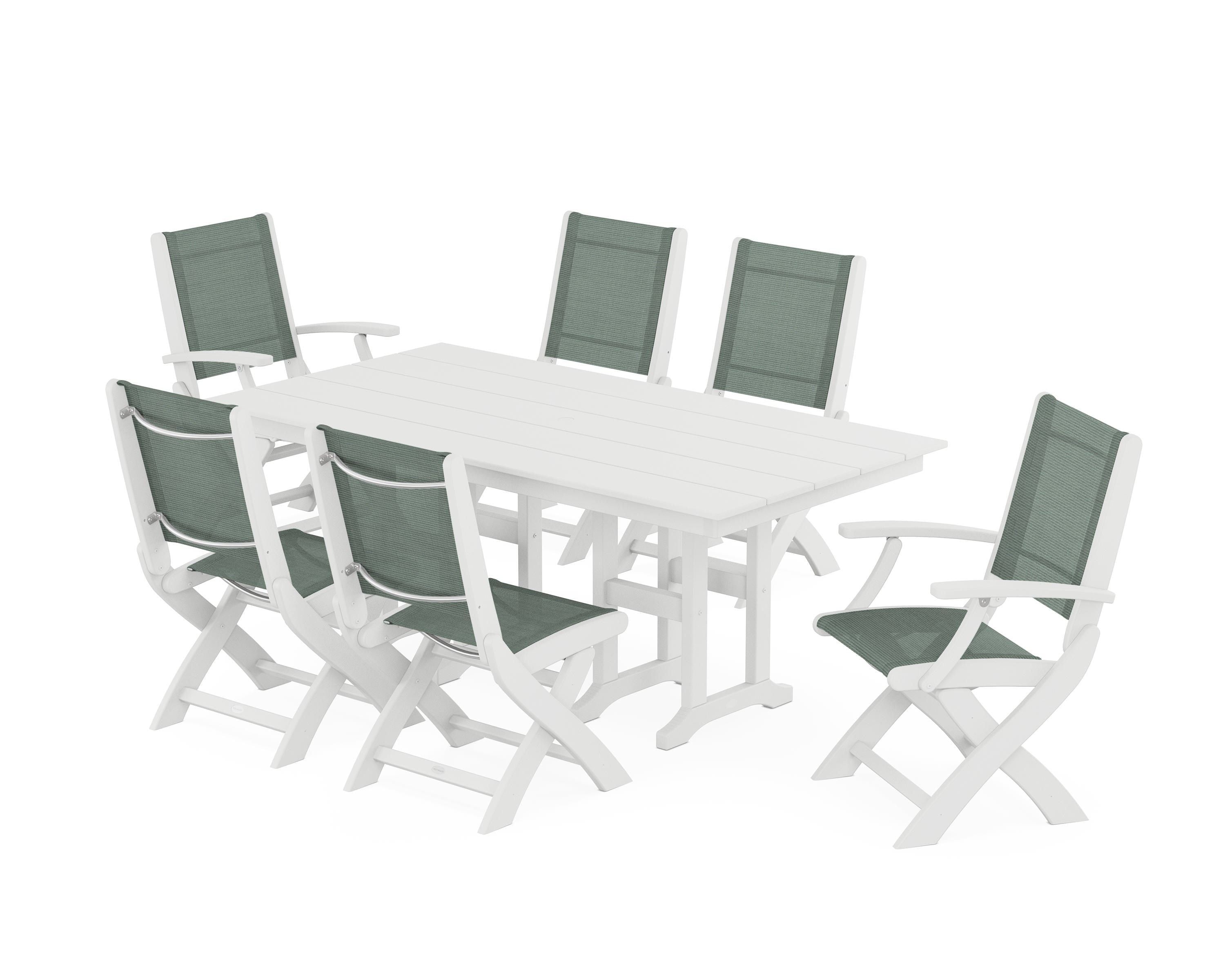 POLYWOOD® Coastal Folding Chair 7-Piece Farmhouse Dining Set in White / Dupioni Sea Mist Sling