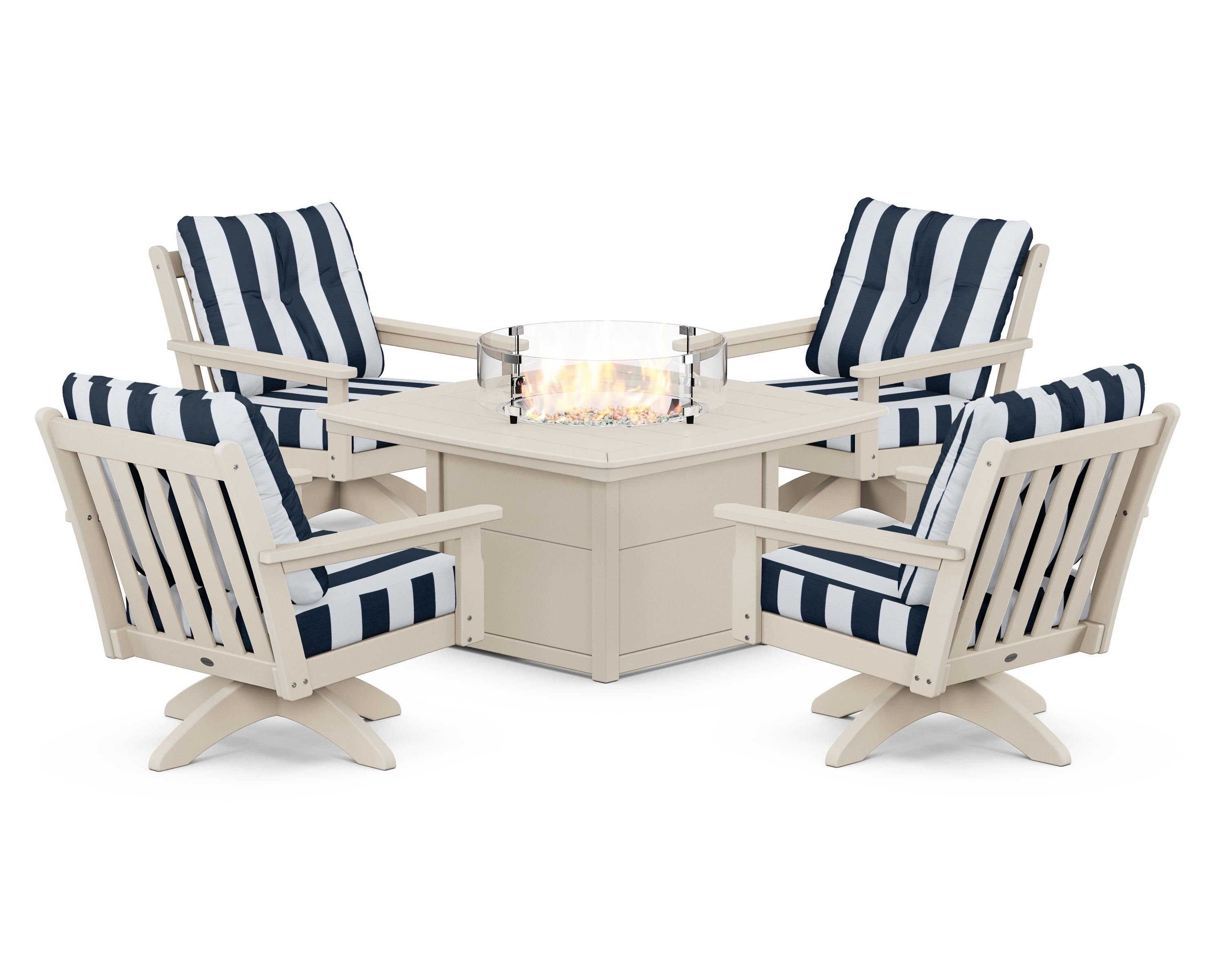 POLYWOOD® Vineyard 5-Piece Deep Seating Swivel Conversation Set with Fire Pit Table in Sand / Cabana Stripe Marine Indigo