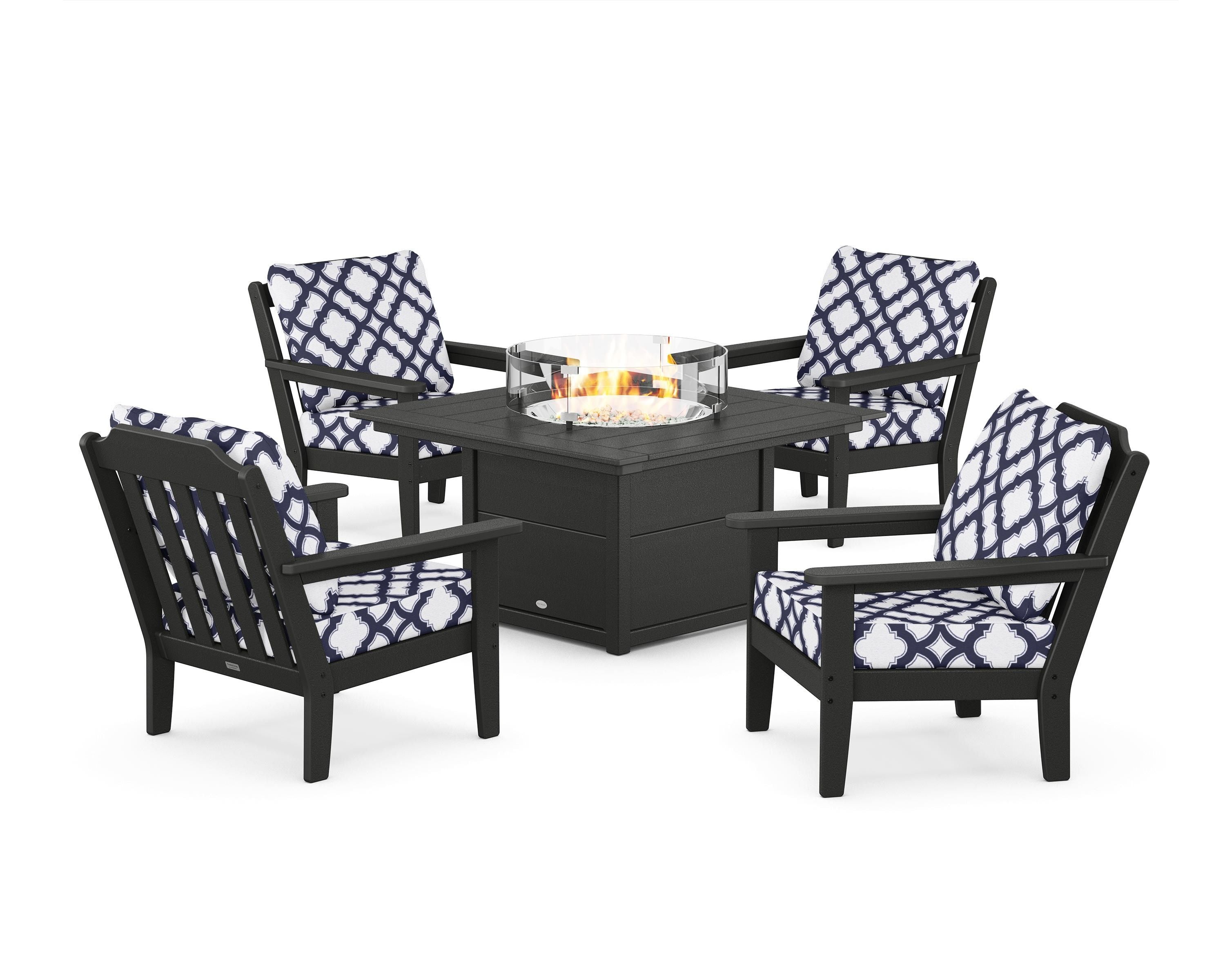 Country Living Cottage 5-Piece Deep Seating Set with Fire Pit Table in Black / Trellis Navy