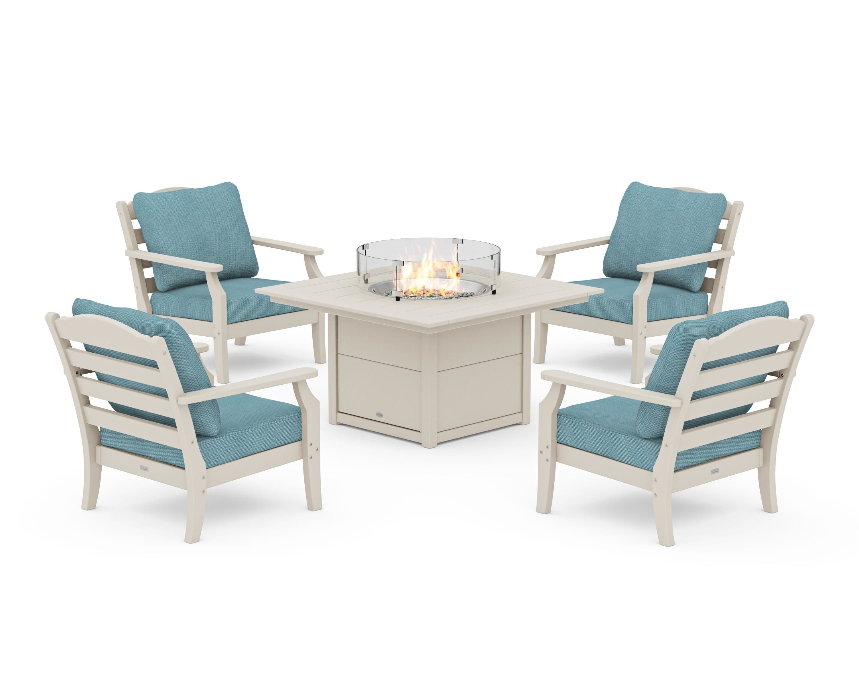 Draper James™ by POLYWOOD® Savannah 5-Piece Deep Seating Set with Fire Pit Table in Sand / Lattice Sky Blue