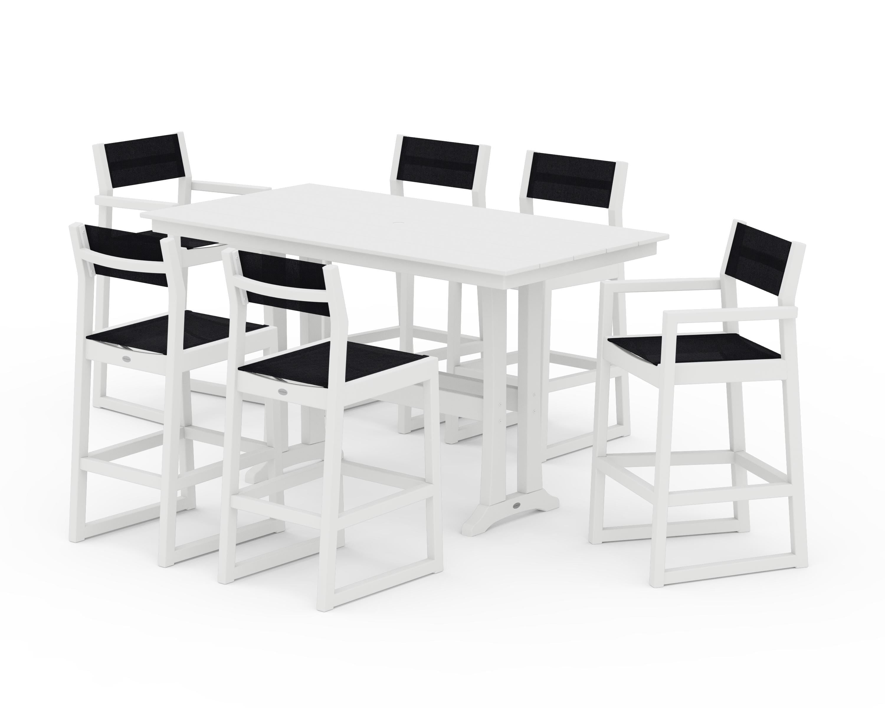 POLYWOOD® EDGE Sling 7-Piece Farmhouse Bar Set with Trestle Legs in White / Black Sling