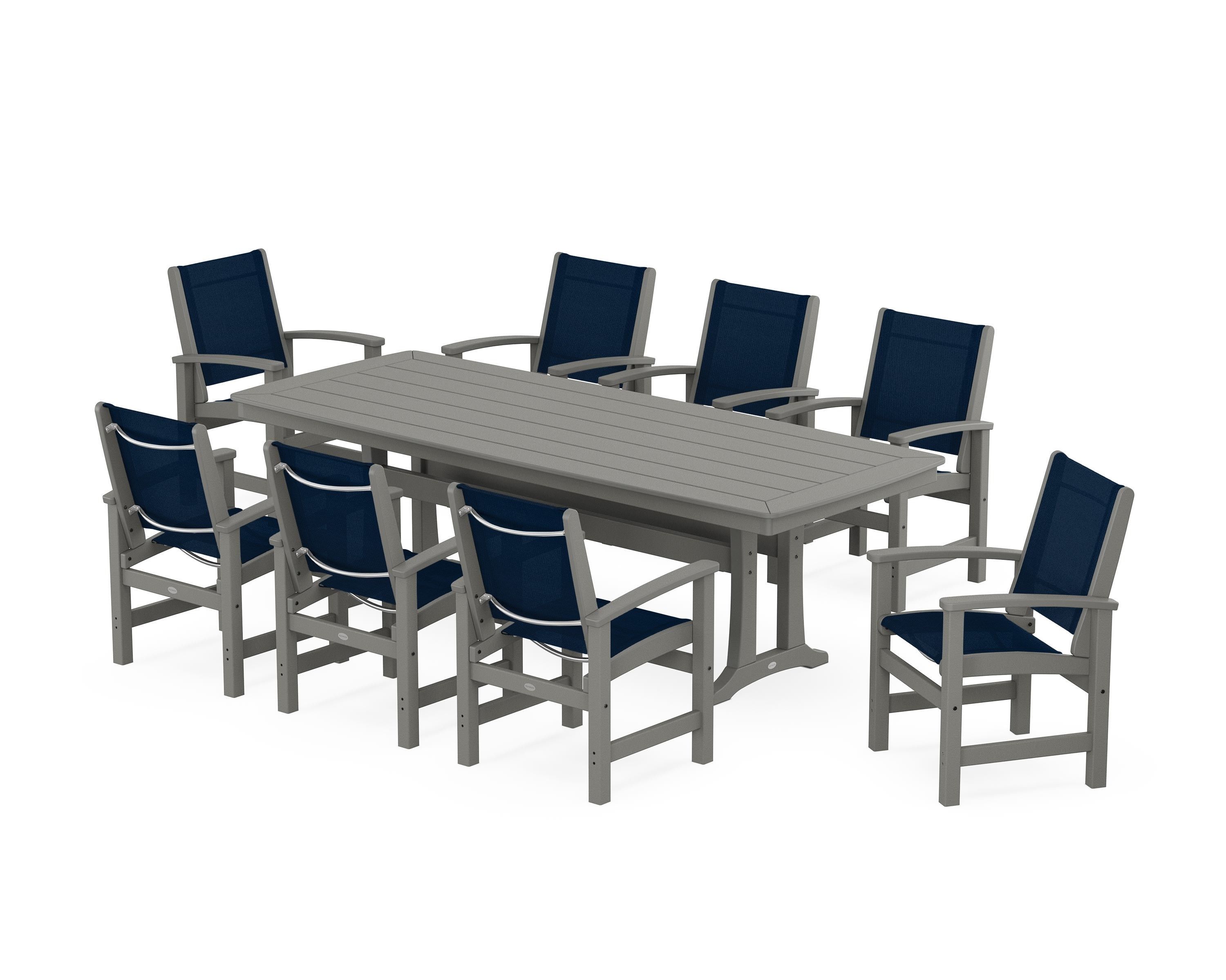 POLYWOOD® Coastal 9-Piece Dining Set with Trestle Legs in Slate Grey / Navy Blue Sling