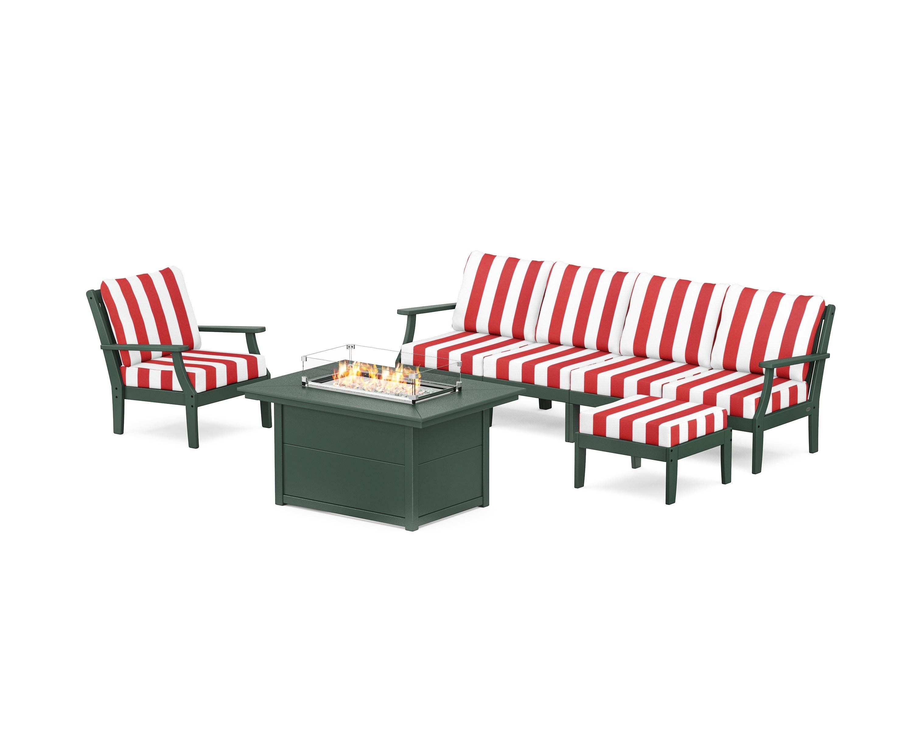 POLYWOOD® Braxton Sectional Lounge and Fire Pit Set in Green / Cabana Stripe Crimson