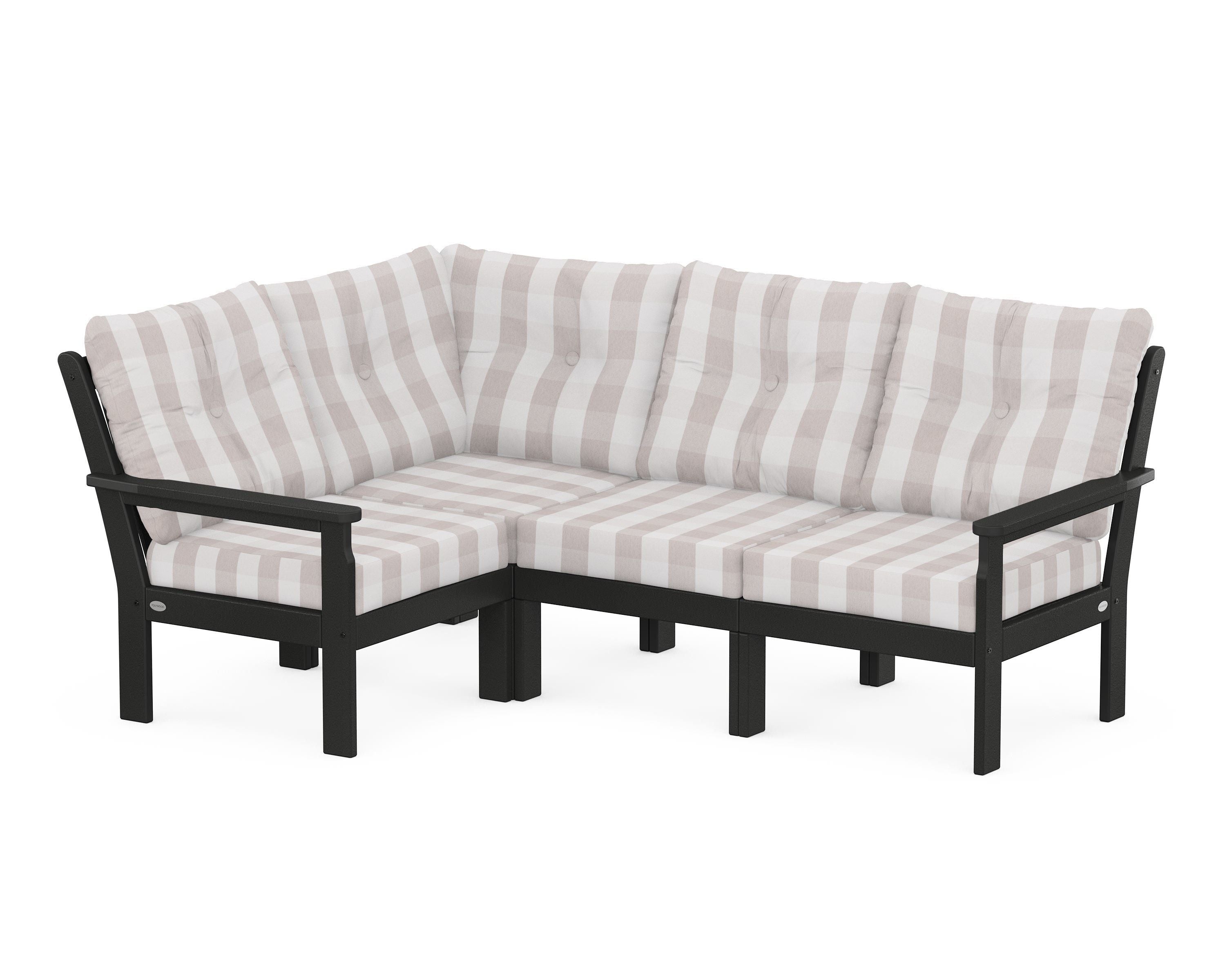 POLYWOOD® Vineyard 4-Piece Sectional in Black / Buffalo Plaid Dune Burlap