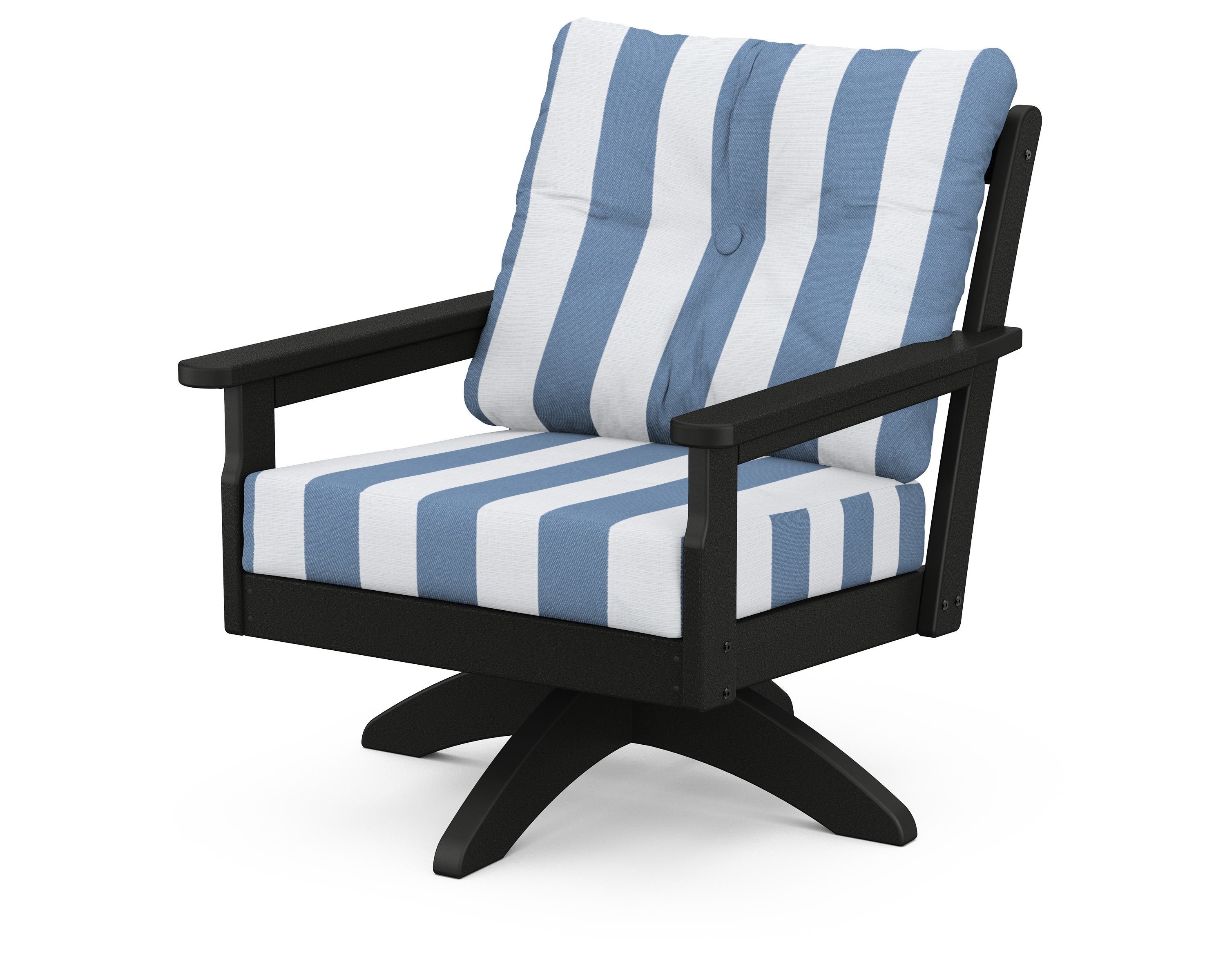 POLYWOOD® Vineyard Deep Seating Swivel Chair in Black / Cabana Stripe Sky Blue