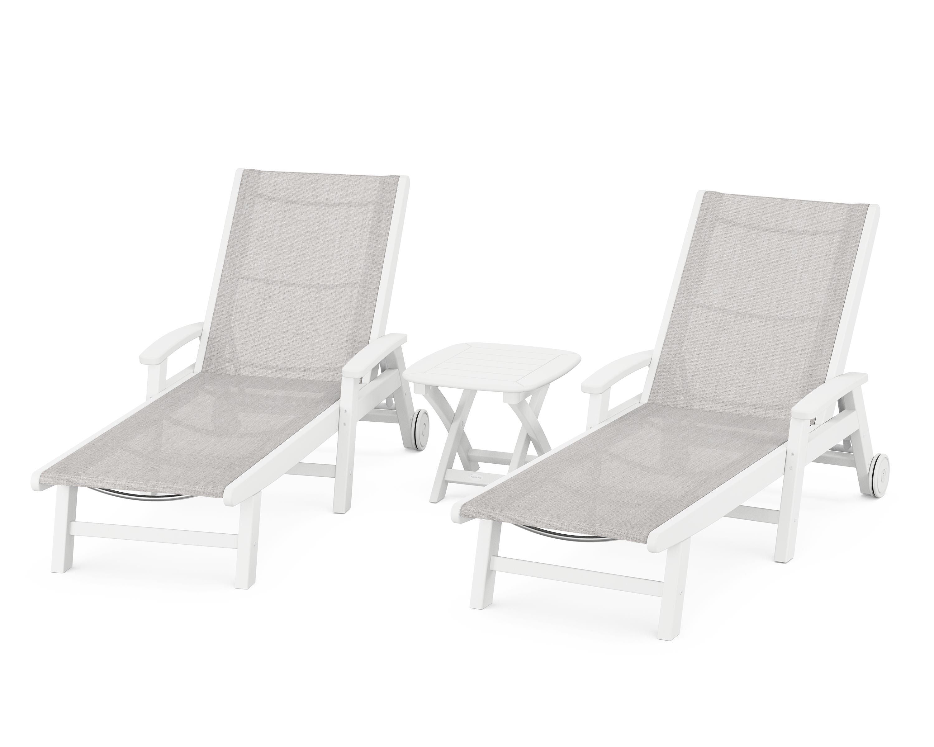 POLYWOOD® Coastal 3-Piece Wheeled Chaise Set in White / Parchment Sling