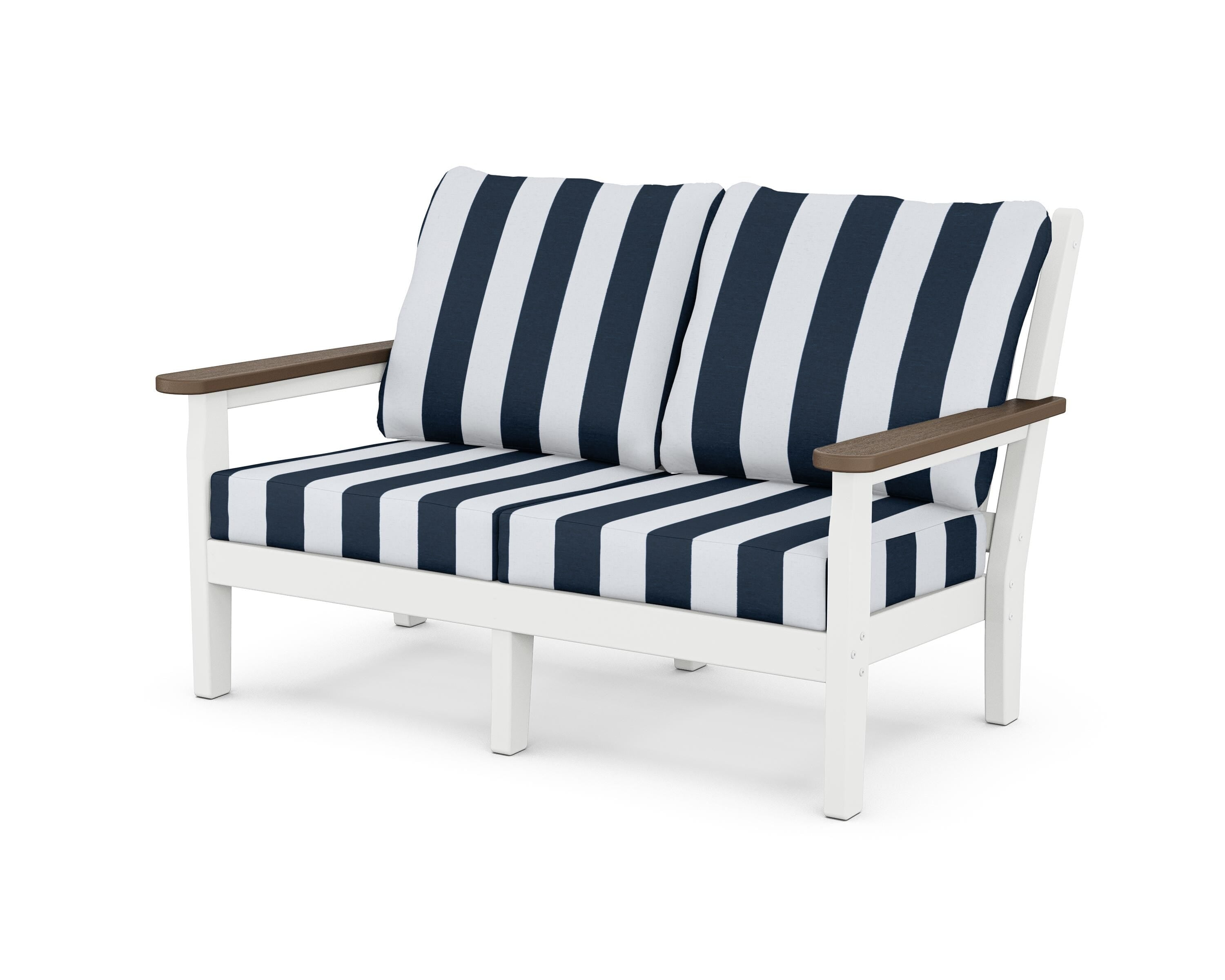 POLYWOOD® Chippendale Deep Seating Loveseat in White / Kona / Cabana Stripe Marine Indigo