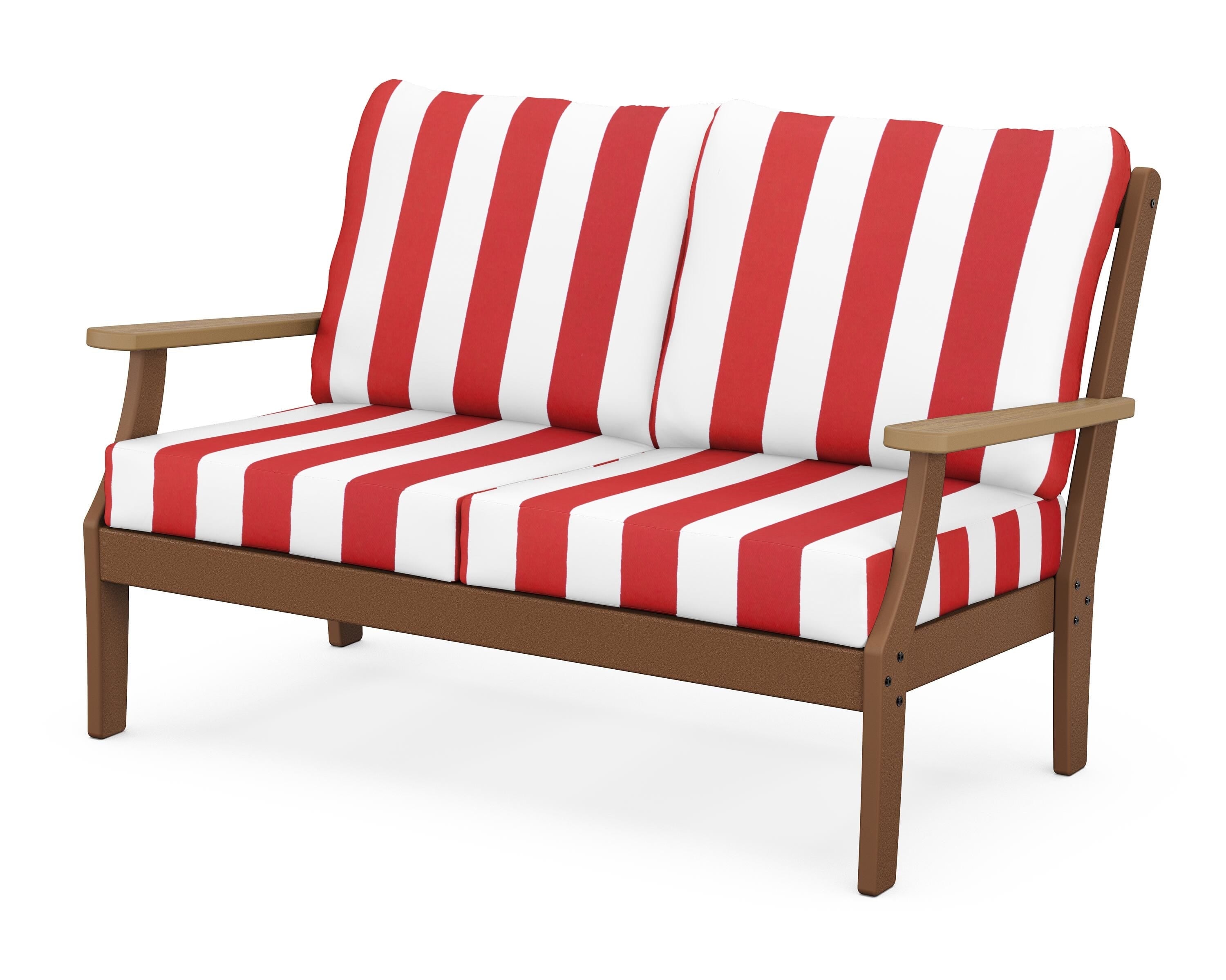 POLYWOOD® Braxton Deep Seating Loveseat in Teak / Natural / Cabana Stripe Crimson