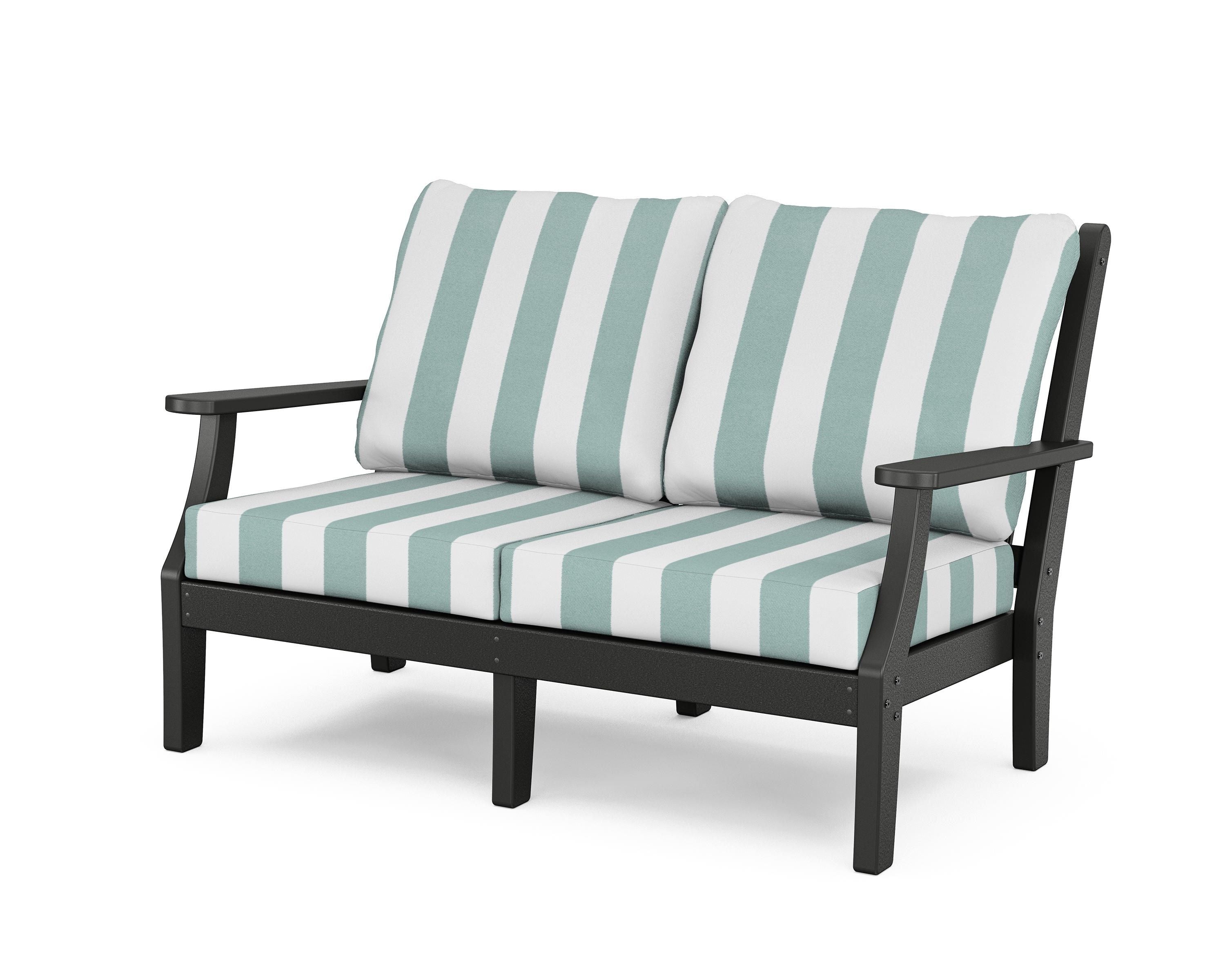 Country Living Wovendale Deep Seating Loveseat in Black / Cabana Stripe Glacier Spa