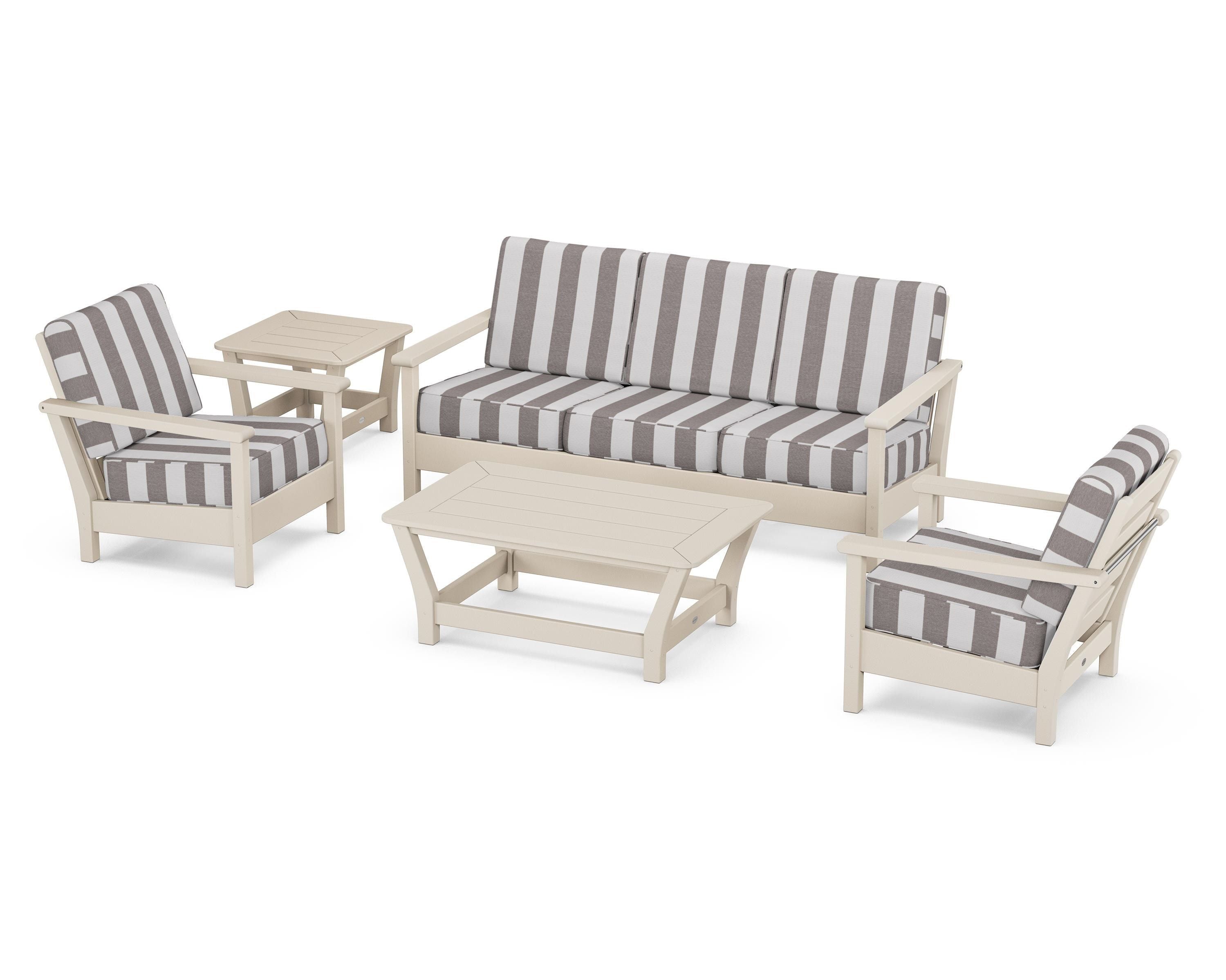 POLYWOOD® Harbour 5-Piece Deep Seating Set in Sand / Cabana Stripe Grey Mist