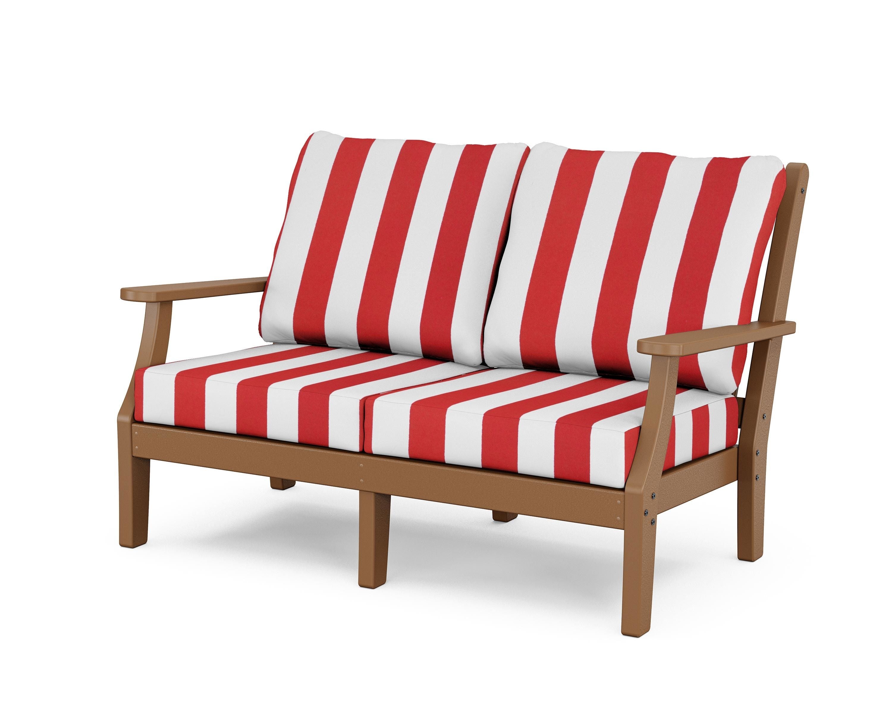 Country Living Wovendale Deep Seating Loveseat in Teak / Cabana Stripe Crimson
