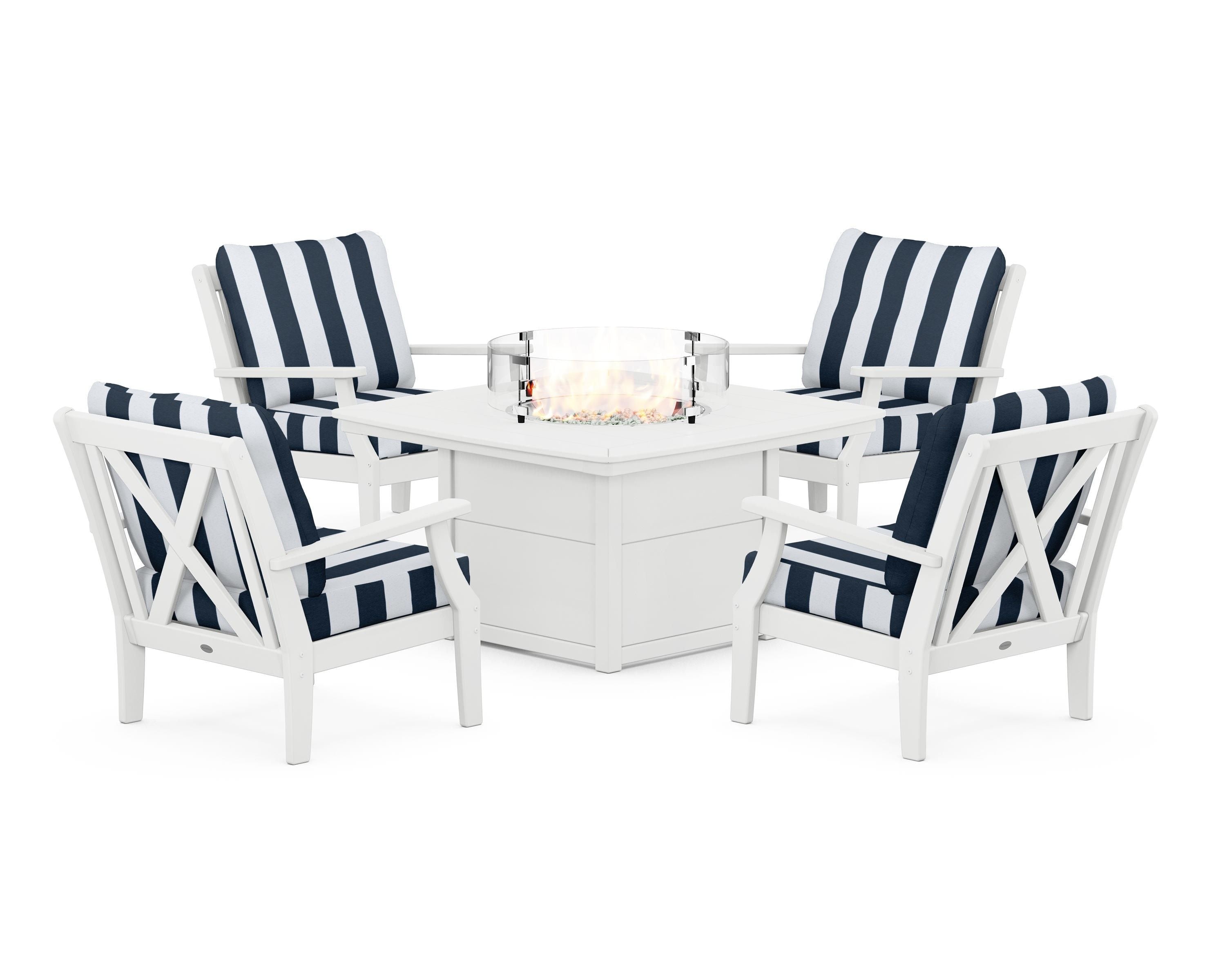 POLYWOOD® Braxton 5-Piece Deep Seating Conversation Set with Fire Pit Table in White / Cabana Stripe Marine Indigo