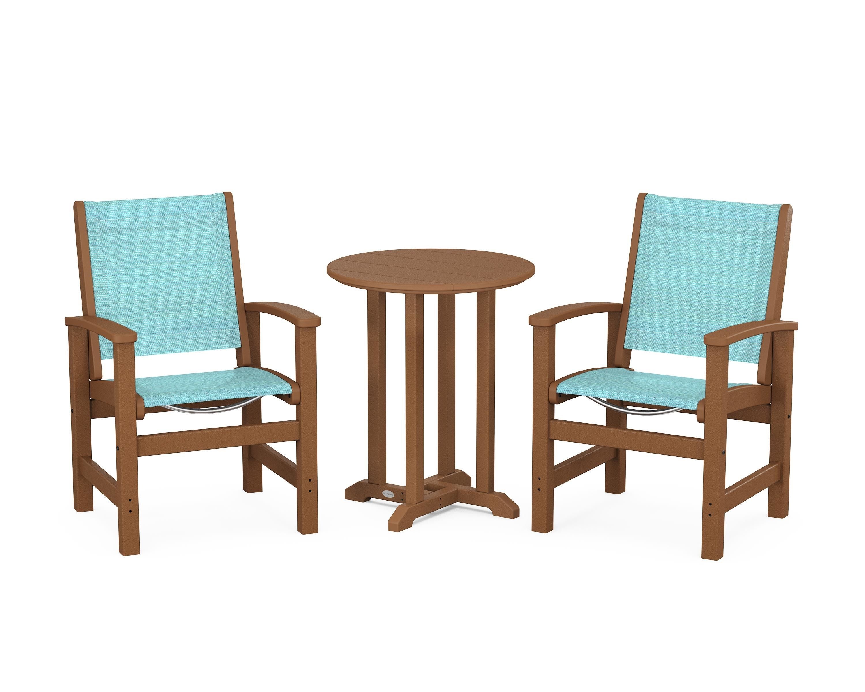 POLYWOOD® Coastal 3-Piece Round Bistro Dining Set in Teak / Dupioni Aquamarine Sling