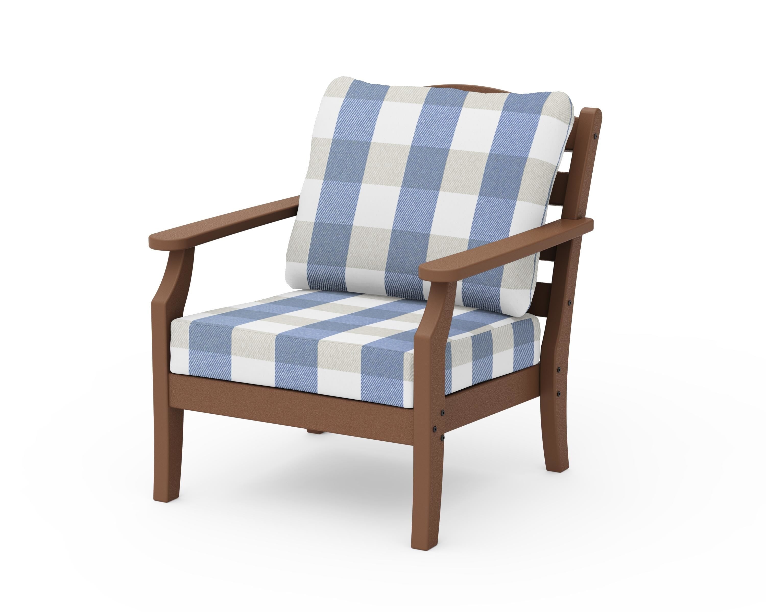 Draper James™ by POLYWOOD® Savannah Deep Seating Chair in Teak / Buffalo Plaid Sky Blue