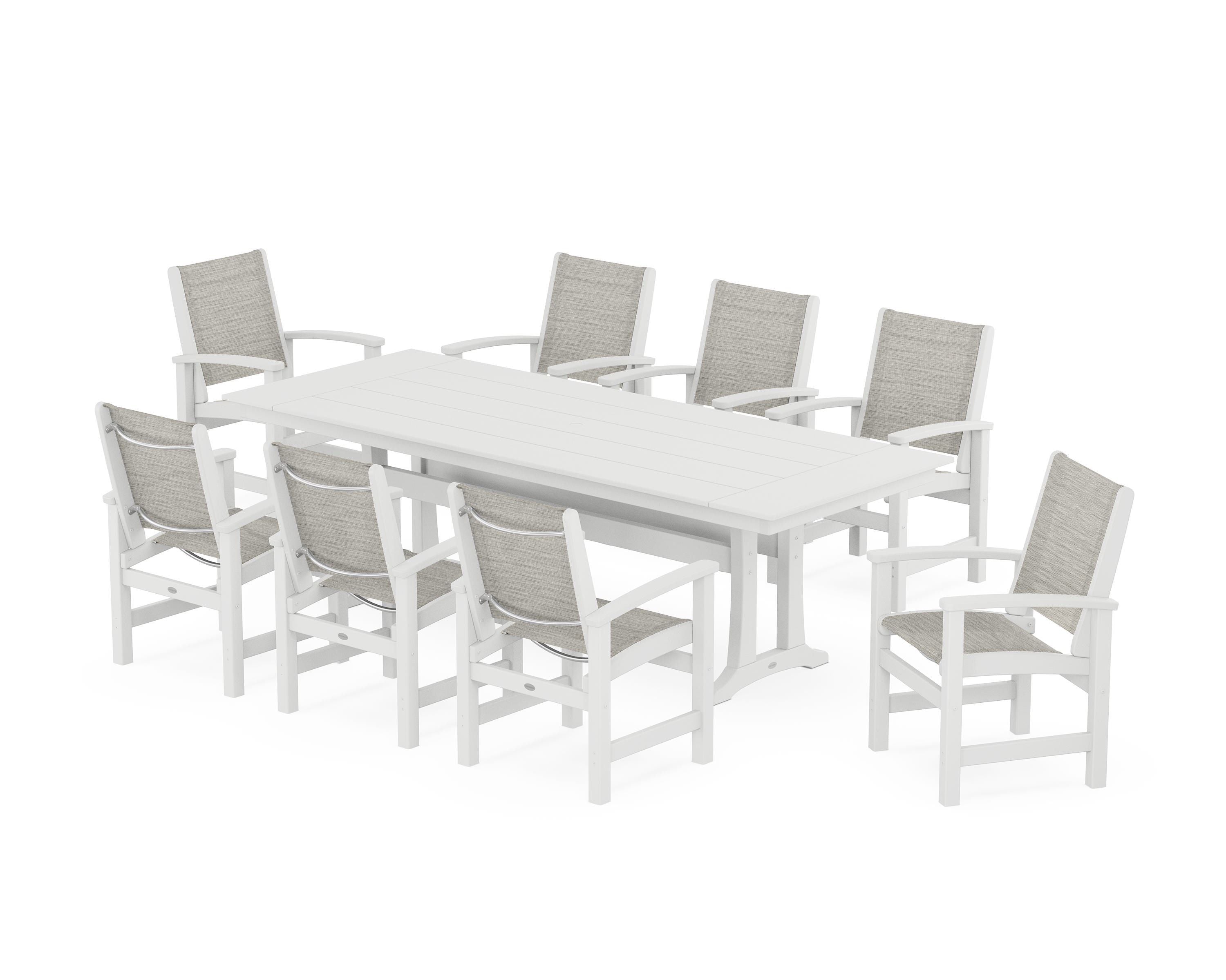 POLYWOOD® Coastal 9-Piece Farmhouse Dining Set with Trestle Legs in White / Birch Sling