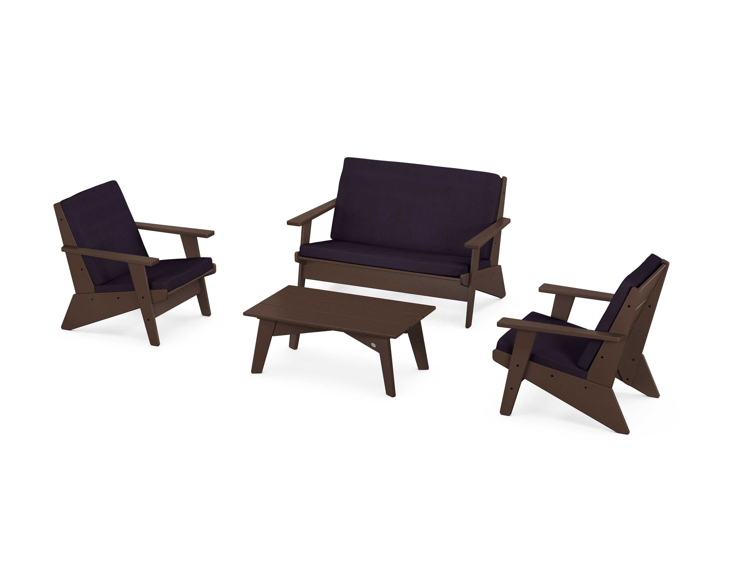 POLYWOOD® Riviera Modern Lounge 4-Piece Set in Mahogany / Navy Linen