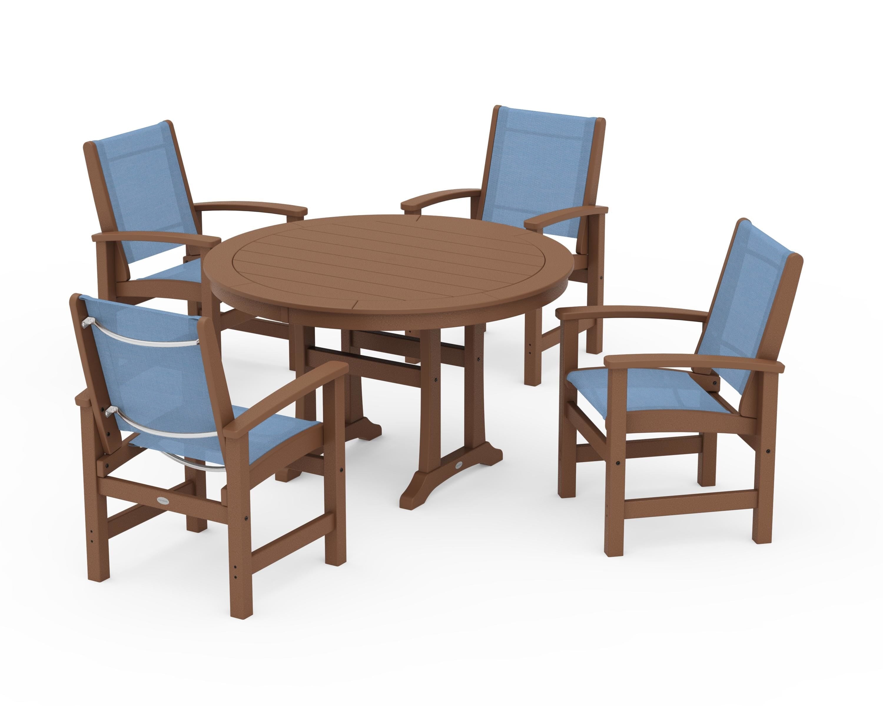 POLYWOOD® Coastal 5-Piece Round Dining Set with Trestle Legs in Teak / Poolside Sling