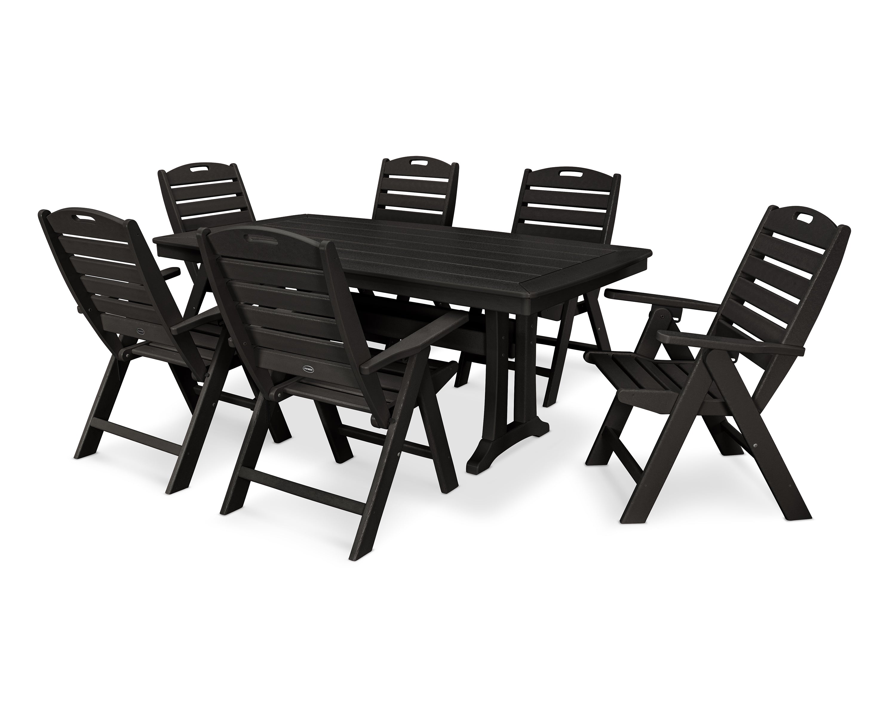 POLYWOOD® Nautical Folding Highback Chair 7-Piece Dining Set with Trestle Legs in Black