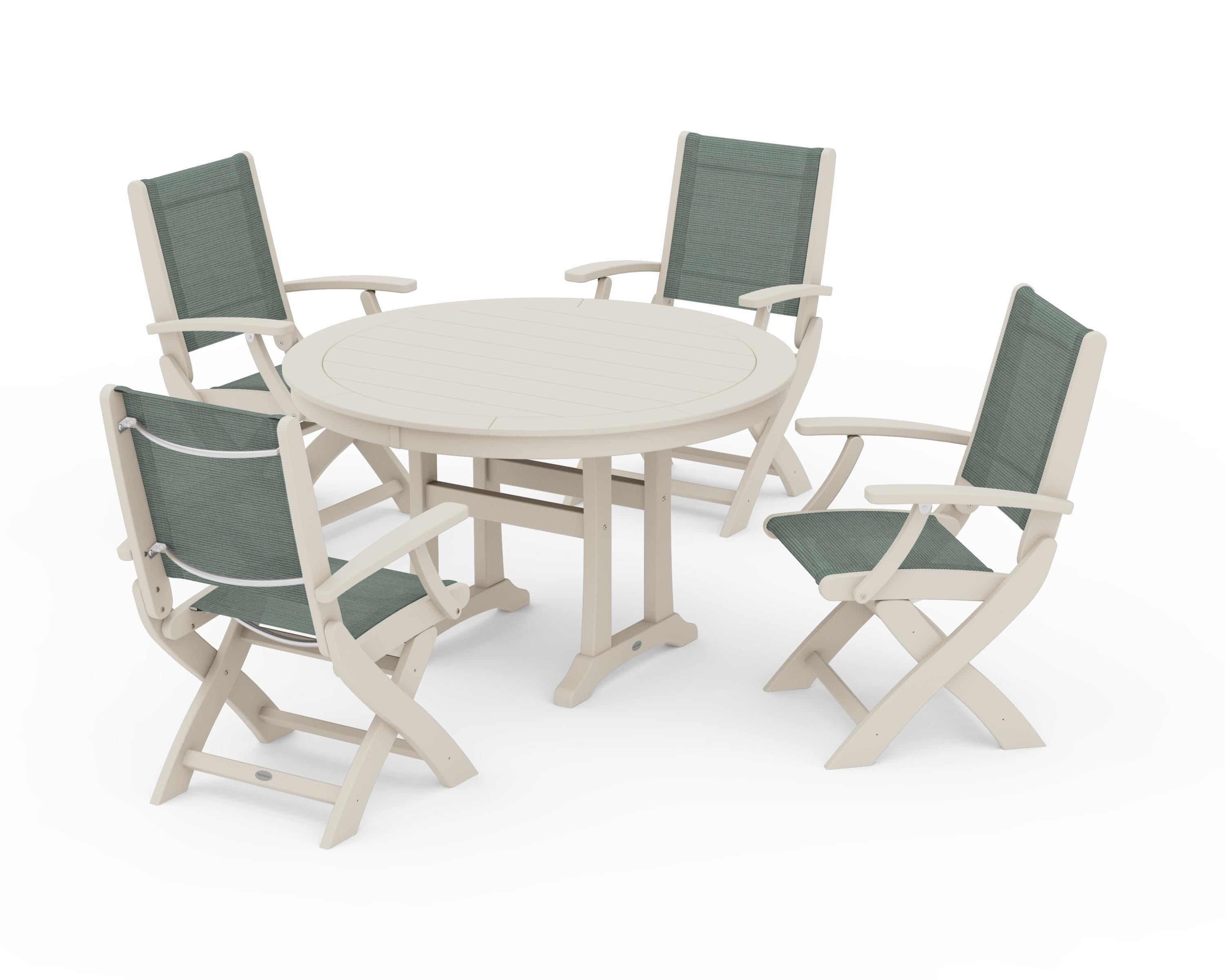 POLYWOOD® Coastal Folding Chair 5-Piece Round Dining Set with Trestle Legs in Sand / Dupioni Sea Mist Sling