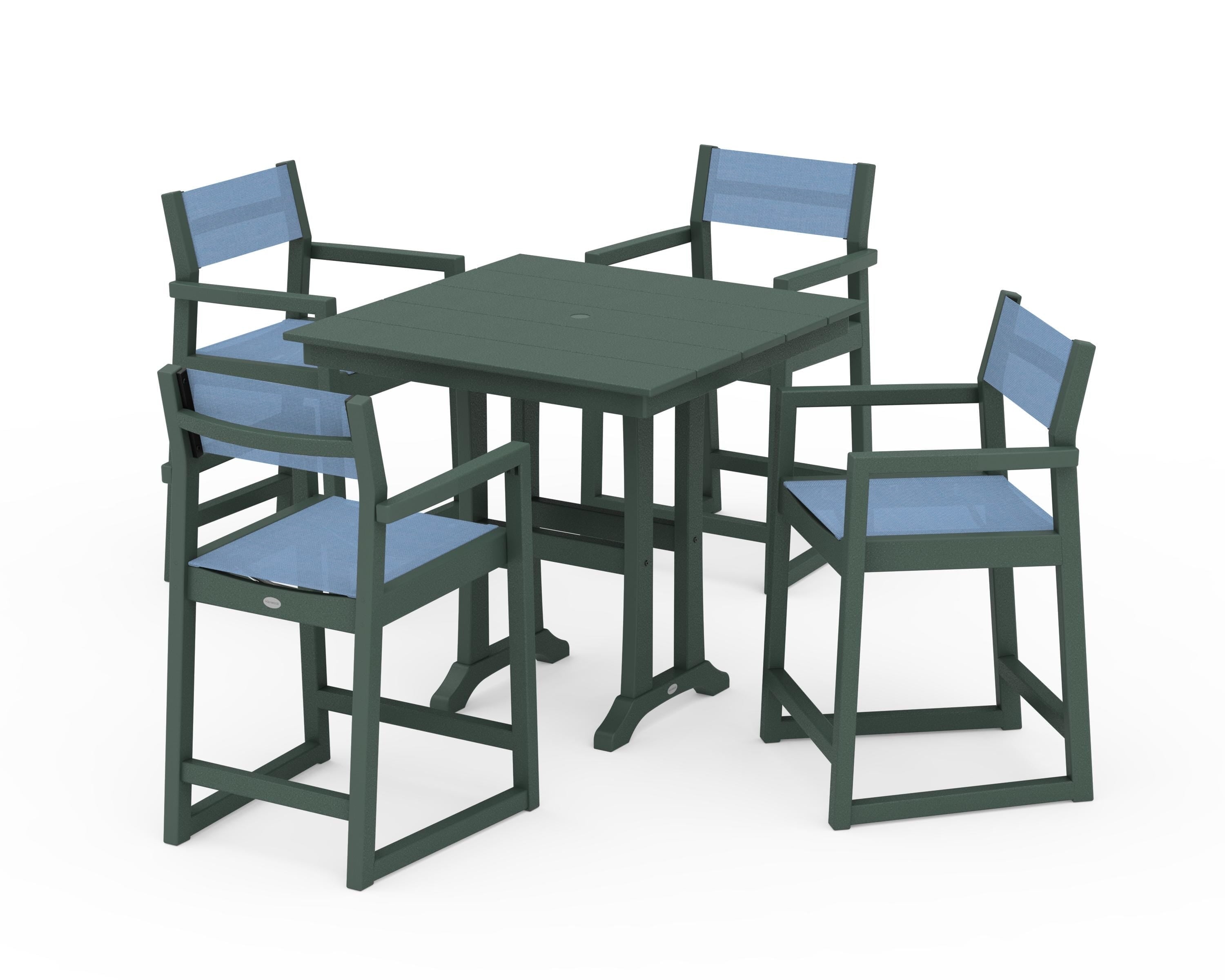 POLYWOOD® EDGE Sling Arm Chair 5-Piece Farmhouse Counter Set with Trestle Legs in Green / Poolside Sling
