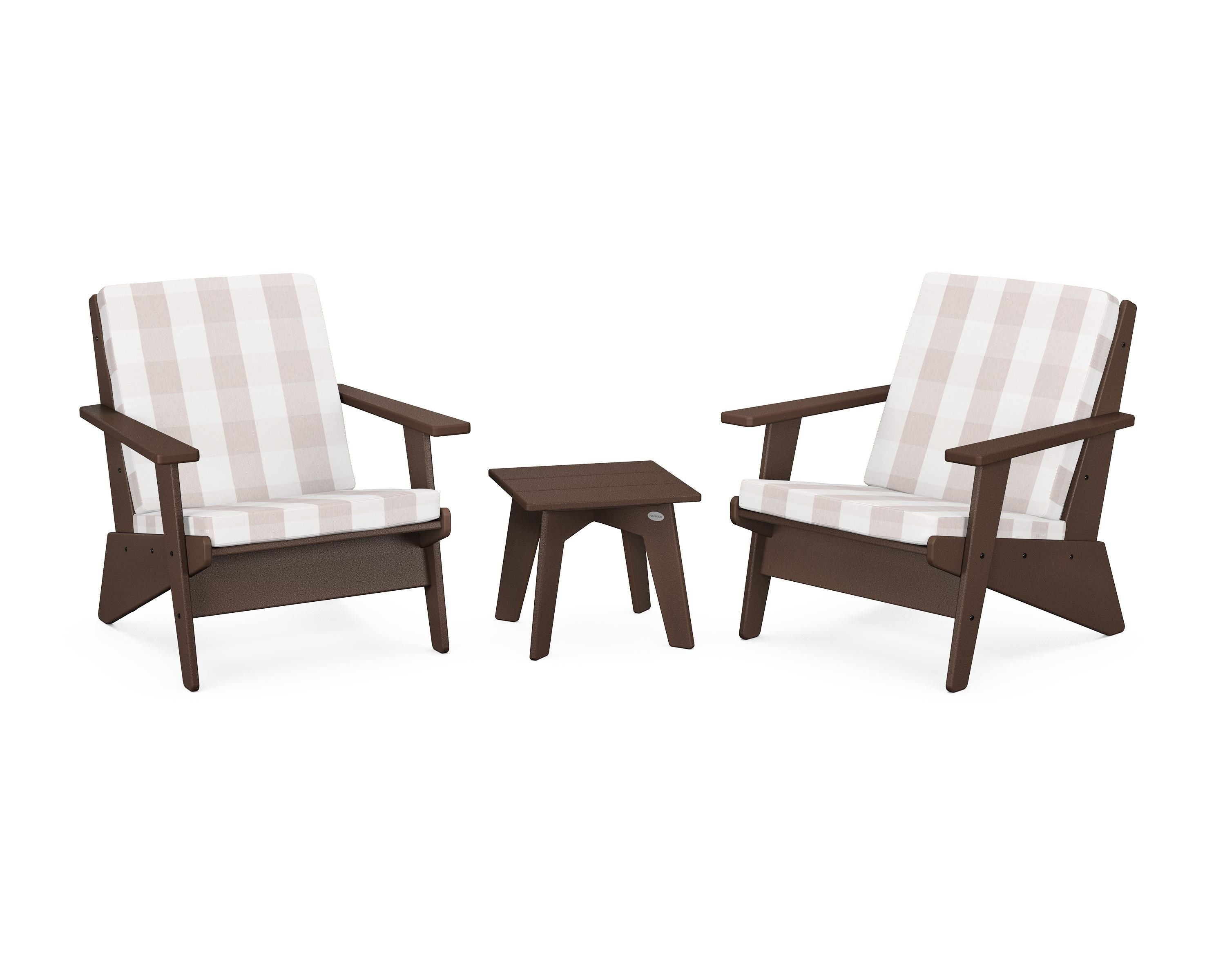 POLYWOOD® Riviera Modern Lounge 3-Piece Set in Mahogany / Buffalo Plaid Dune Burlap