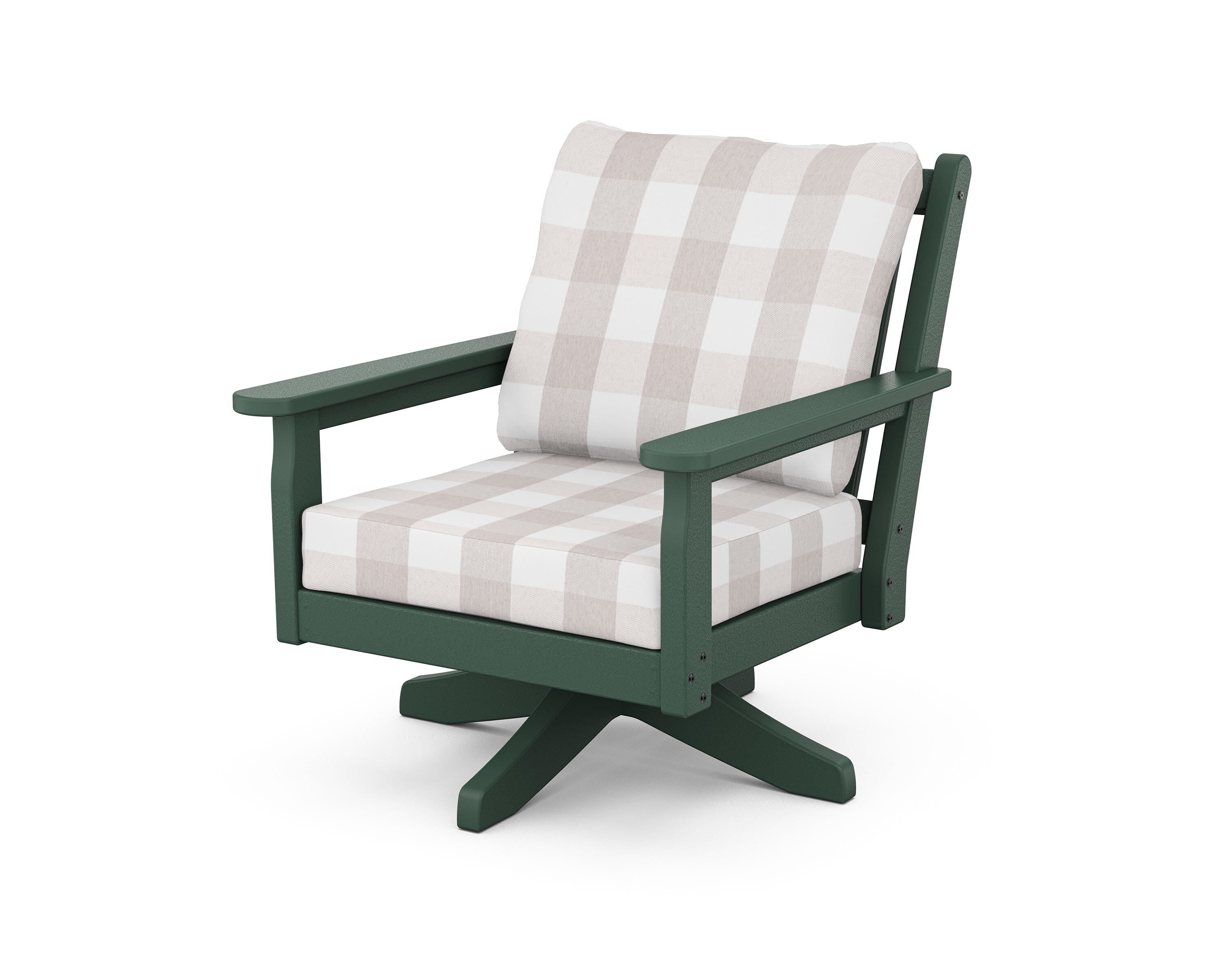 POLYWOOD® Chippendale Deep Seating Swivel Chair in Green / Buffalo Plaid Dune Burlap