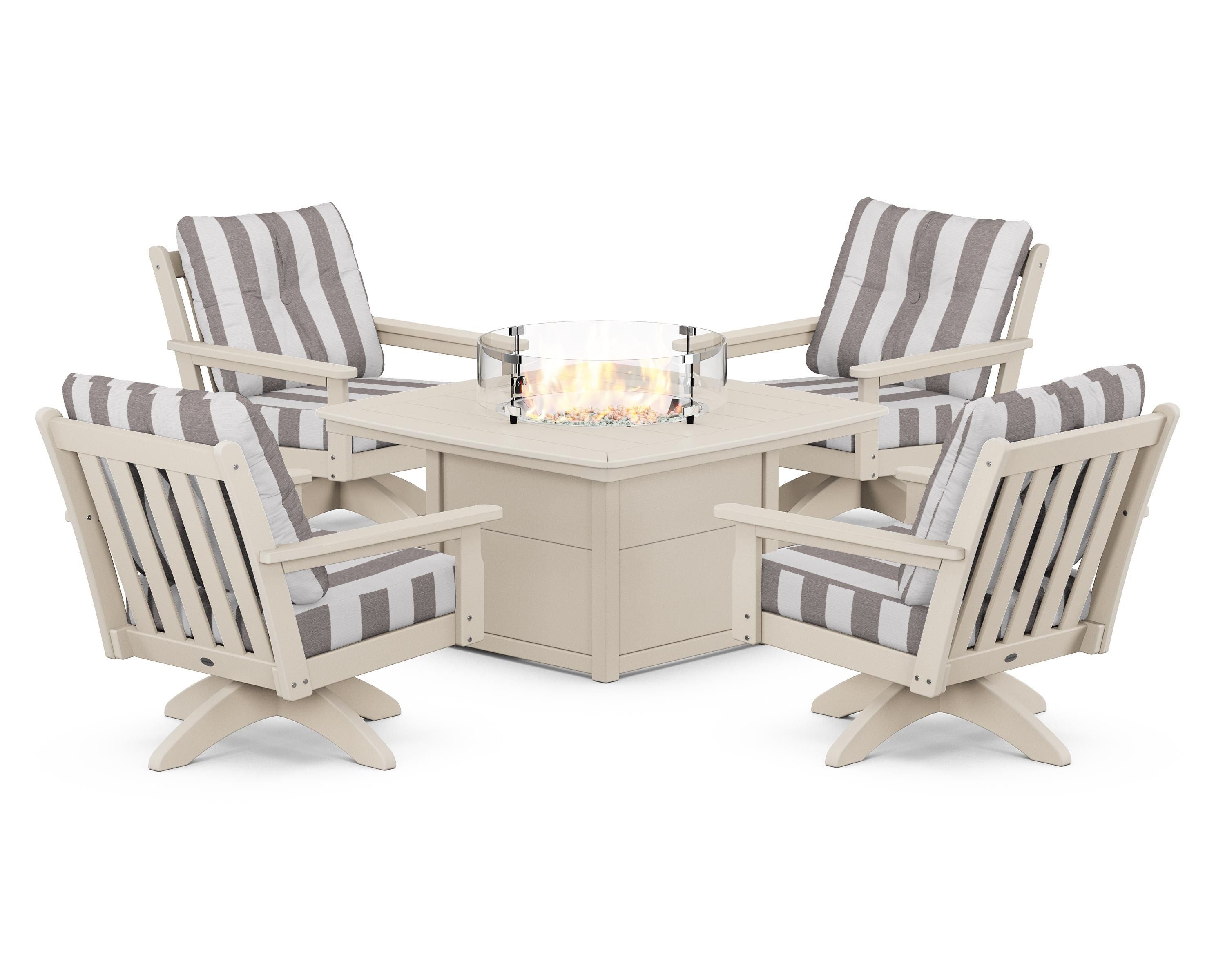 POLYWOOD® Vineyard 5-Piece Deep Seating Swivel Conversation Set with Fire Pit Table in Sand / Cabana Stripe Grey Mist