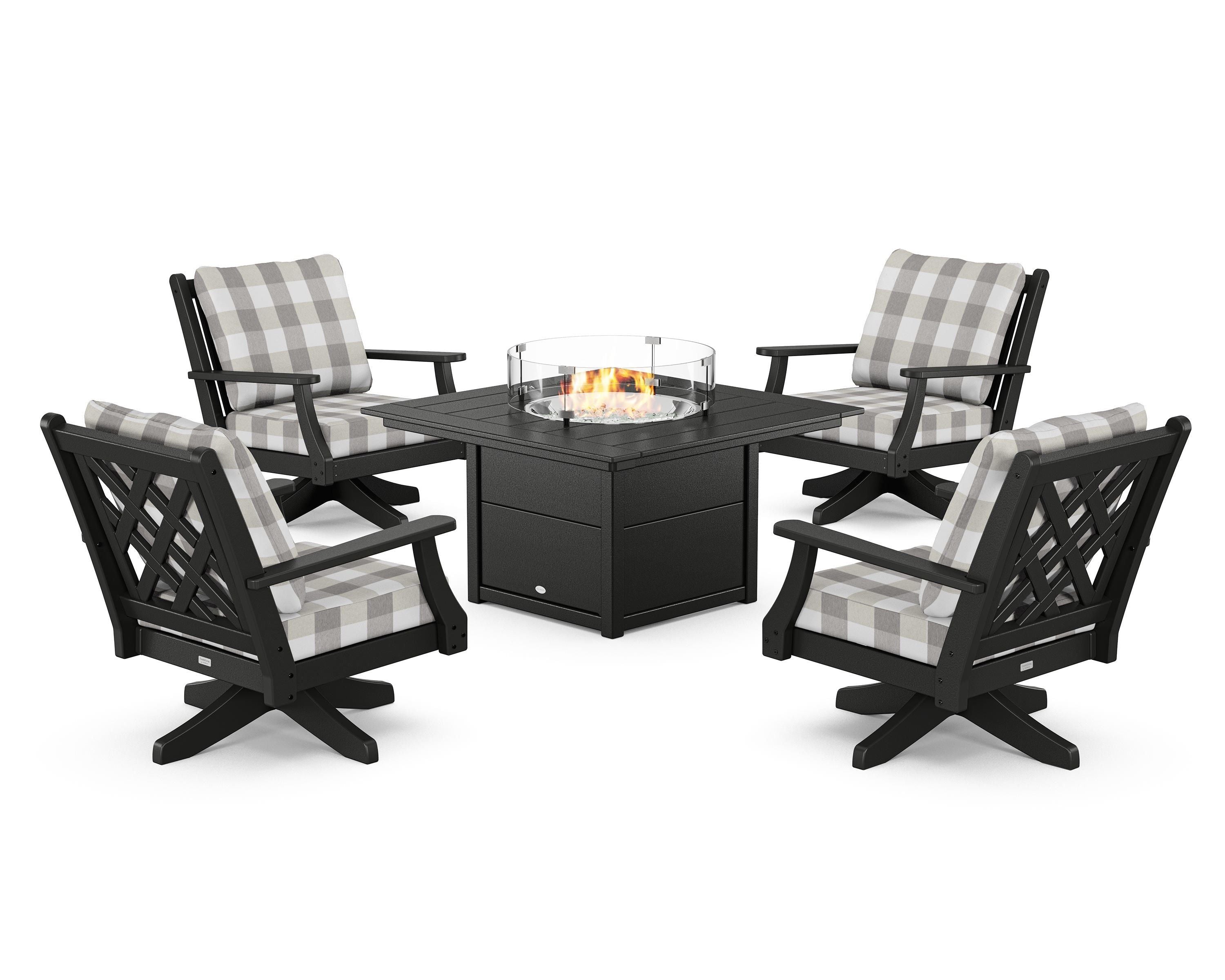 Country Living Wovendale 5-Piece Deep Seating Swivel Conversation Set with Fire Pit Table in Black / Buffalo Plaid Grey Mist