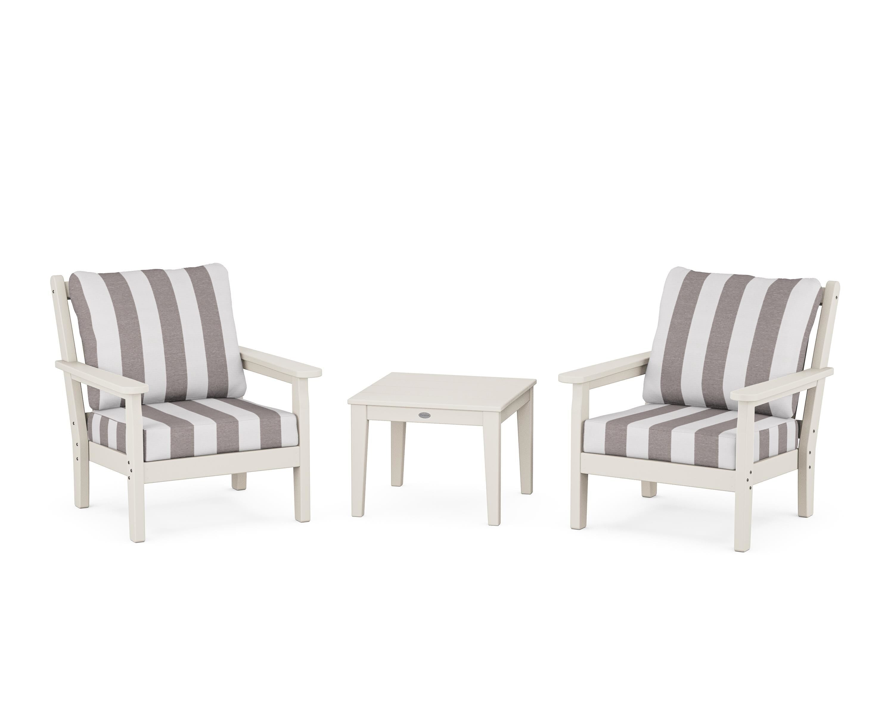 POLYWOOD® Chippendale 3-Piece Deep Seating Set in Sand / Cabana Stripe Grey Mist