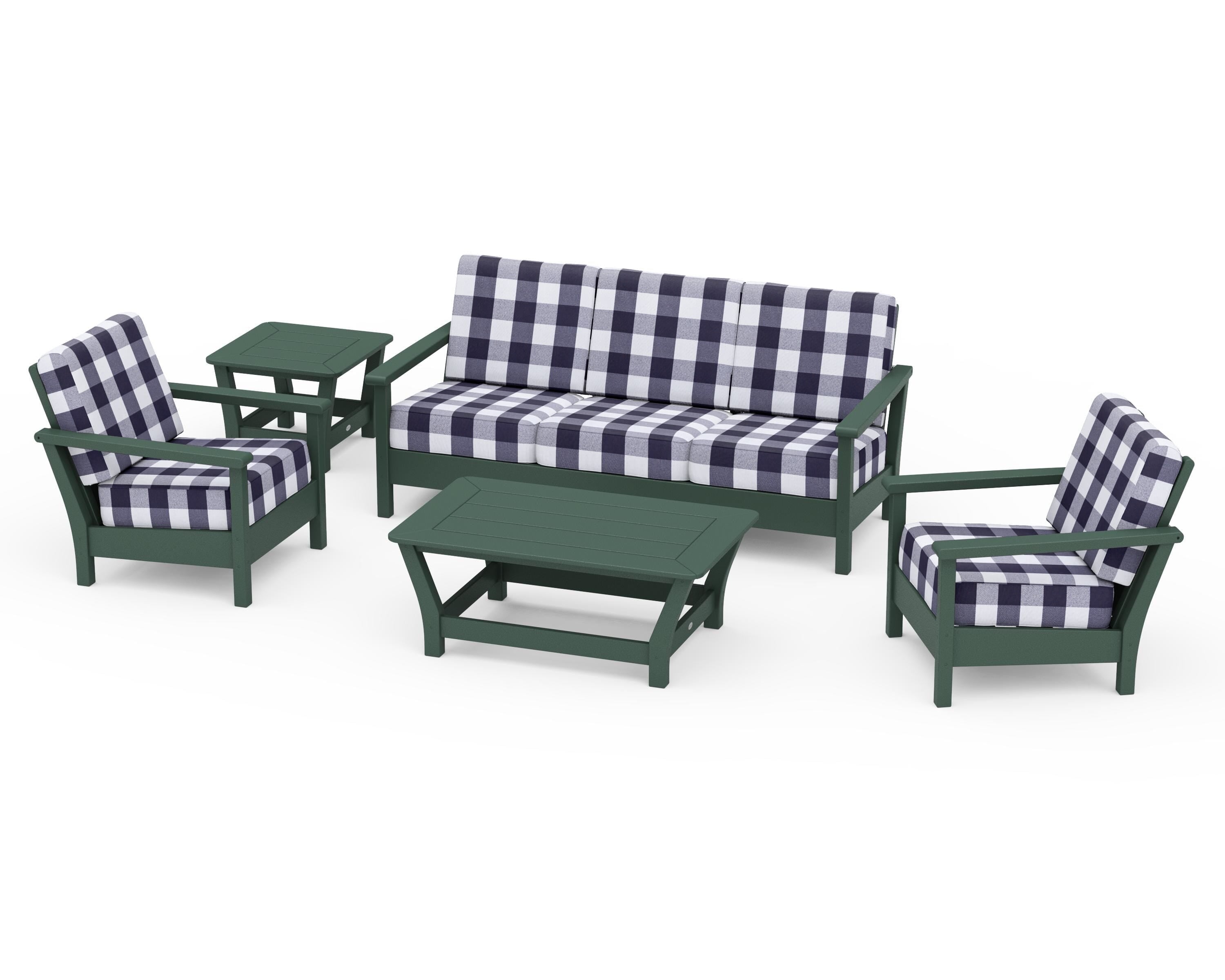 POLYWOOD® Harbour 5-Piece Deep Seating Set in Green / Buffalo Plaid Navy