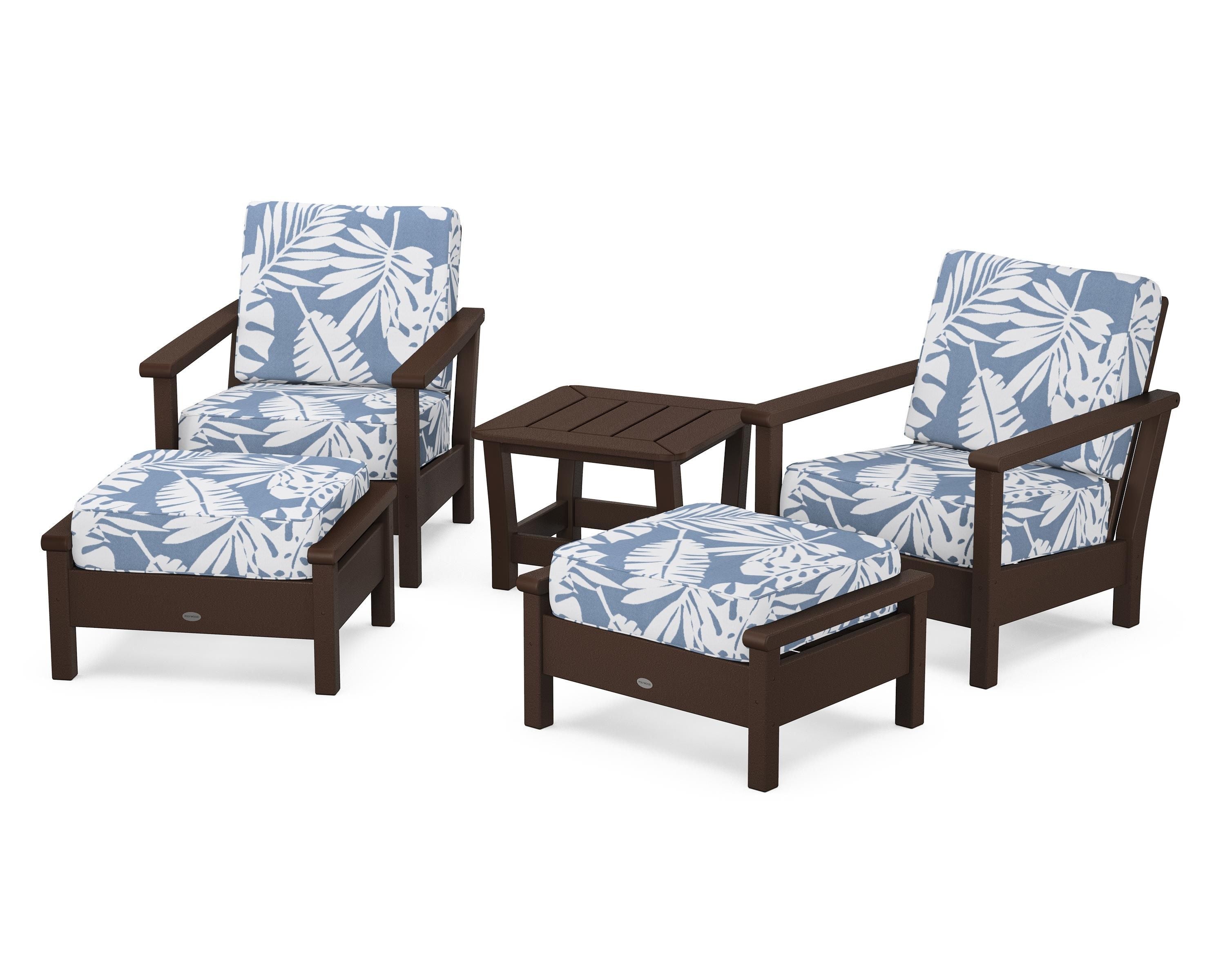 POLYWOOD® Harbour 5-Piece Deep Seating Chair Set in Mahogany / Leaf Sky Blue
