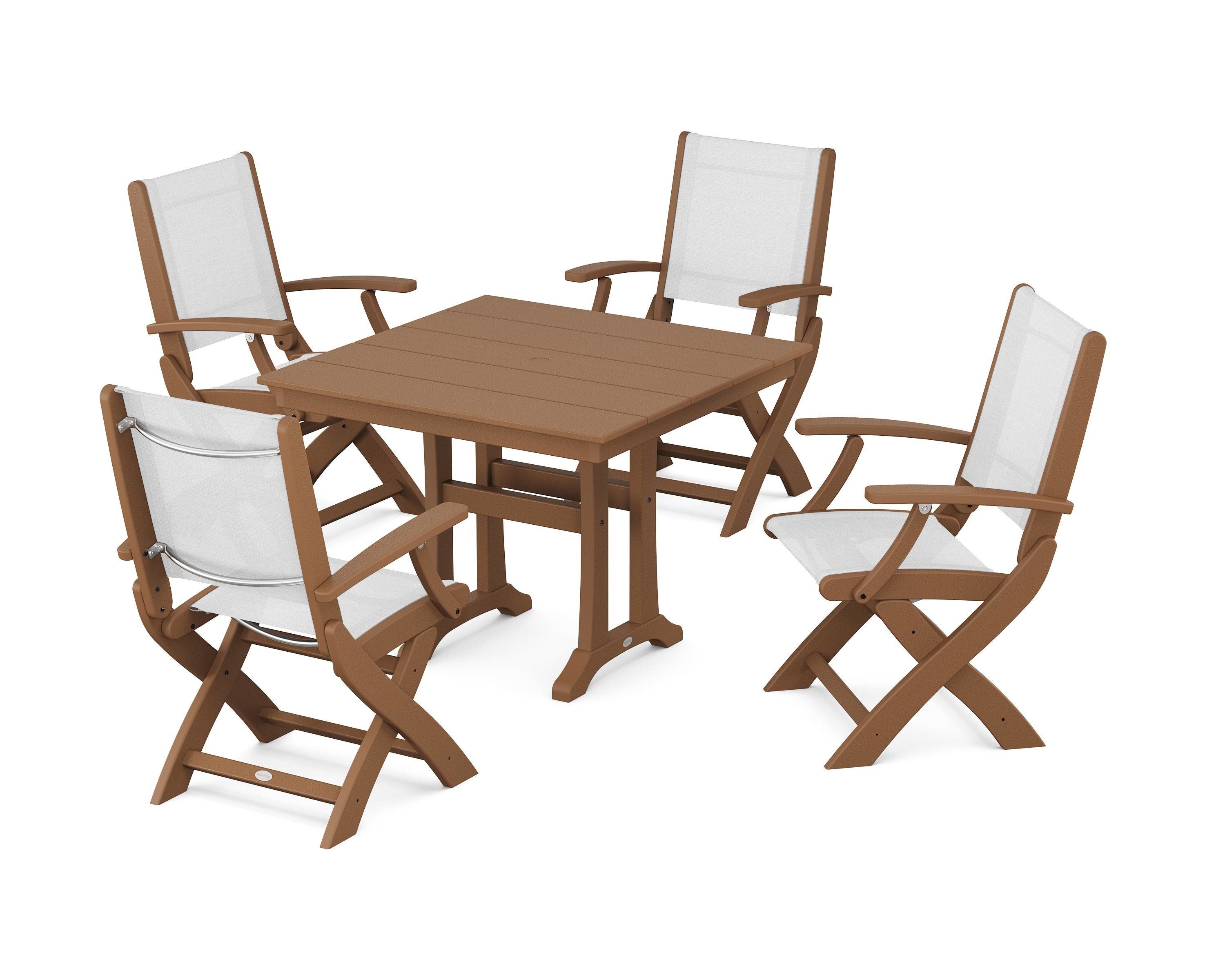 POLYWOOD® Coastal Folding Chair 5-Piece Farmhouse Dining Set With Trestle Legs in Teak / White Sling