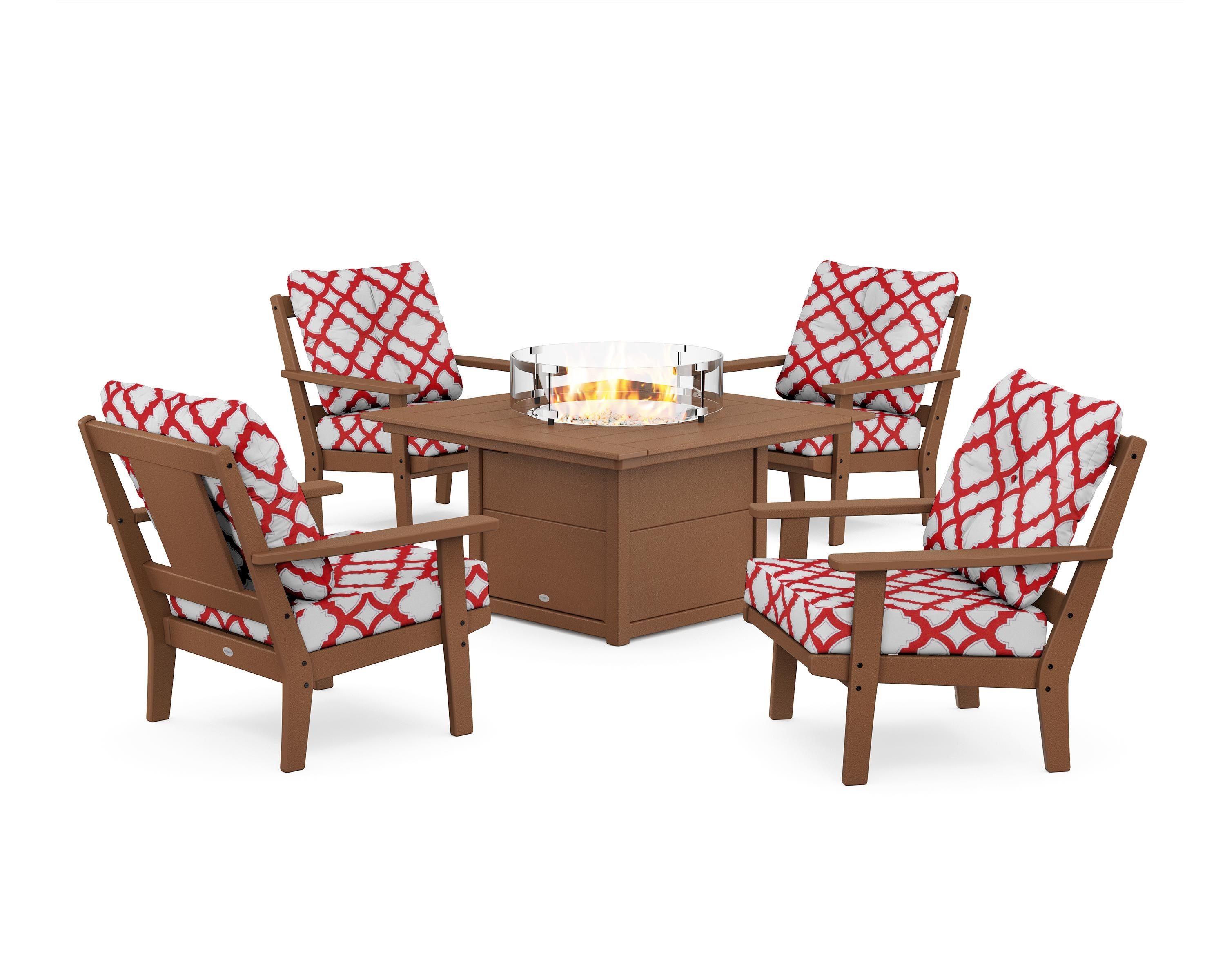 POLYWOOD® Prairie 5-Piece Deep Seating Set with Fire Pit Table in Teak / Trellis Crimson