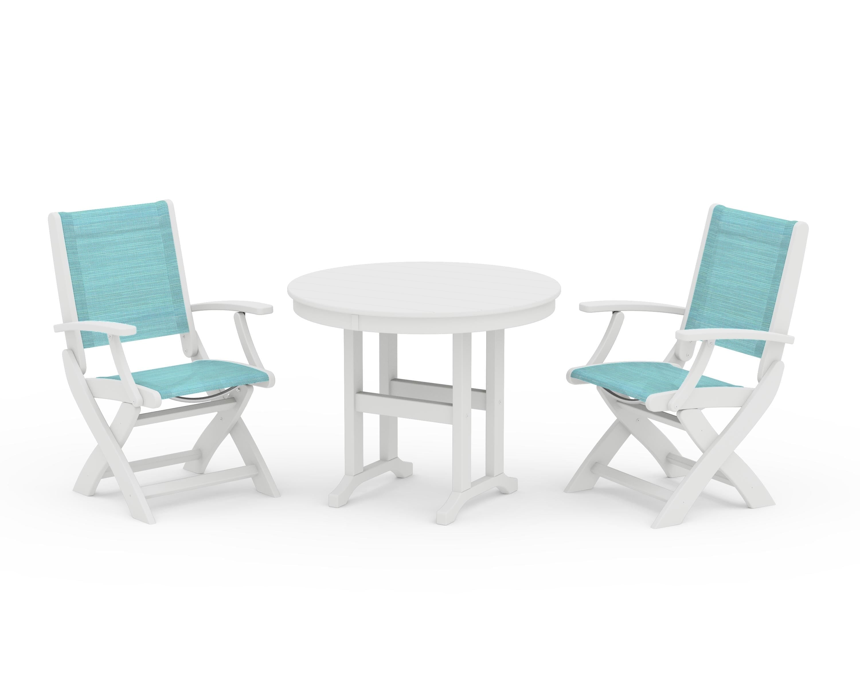 POLYWOOD® Coastal Folding Chair 3-Piece Round Dining Set in White / Dupioni Aquamarine Sling