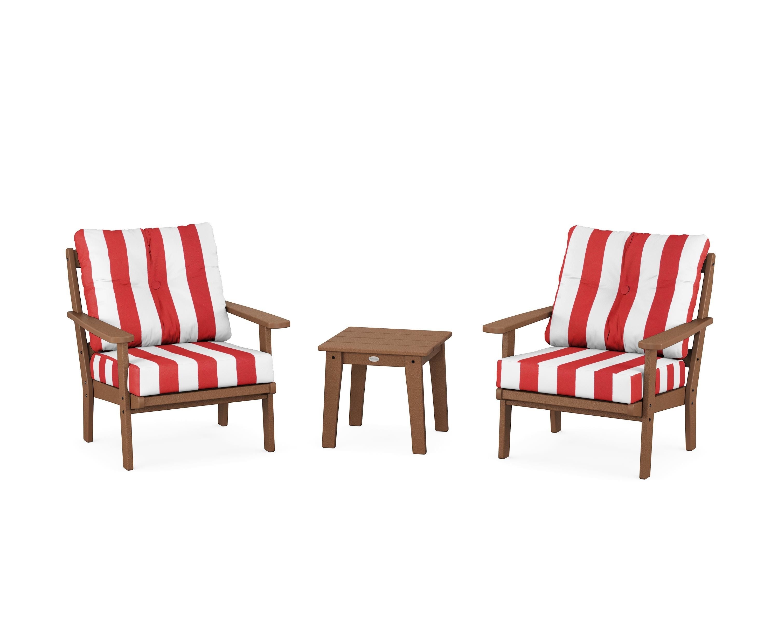 POLYWOOD® Mission 3-Piece Deep Seating Set in Teak / Cabana Stripe Crimson