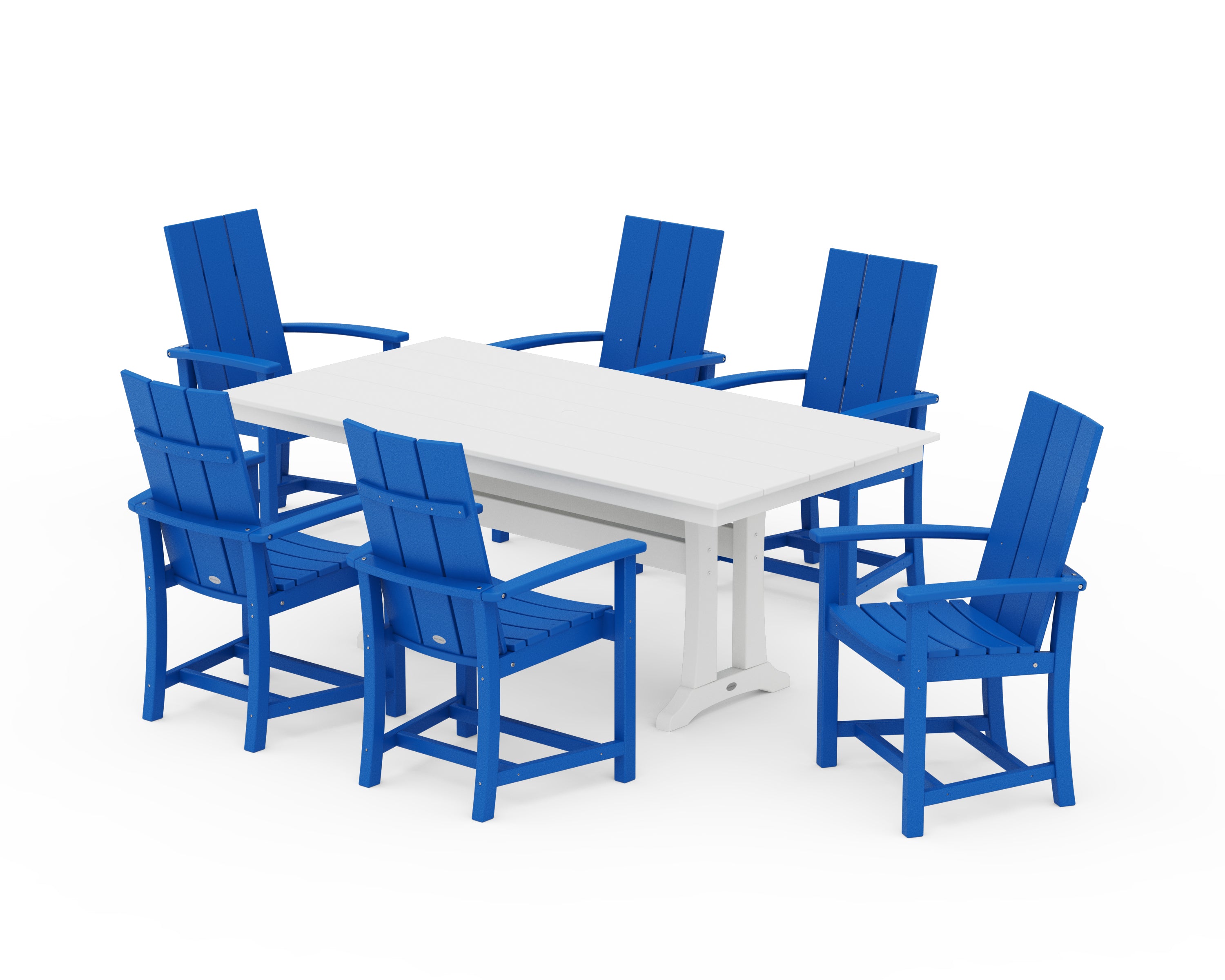 POLYWOOD® Modern Adirondack 7-Piece Farmhouse Dining Set with Trestle Legs in Pacific Blue / White