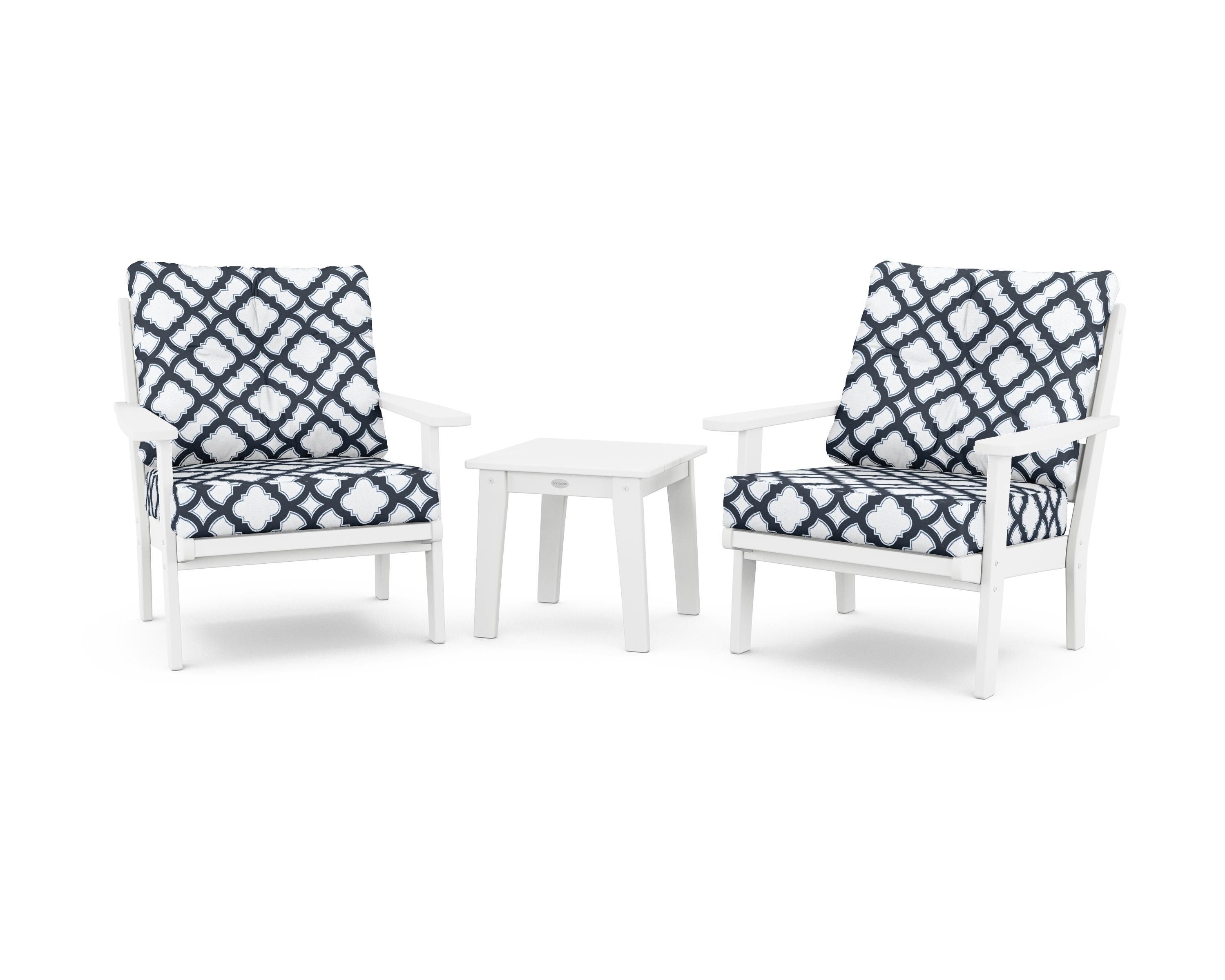 POLYWOOD® Lakeside 3-Piece Deep Seating Chair Set in White / Trellis Marine Indigo