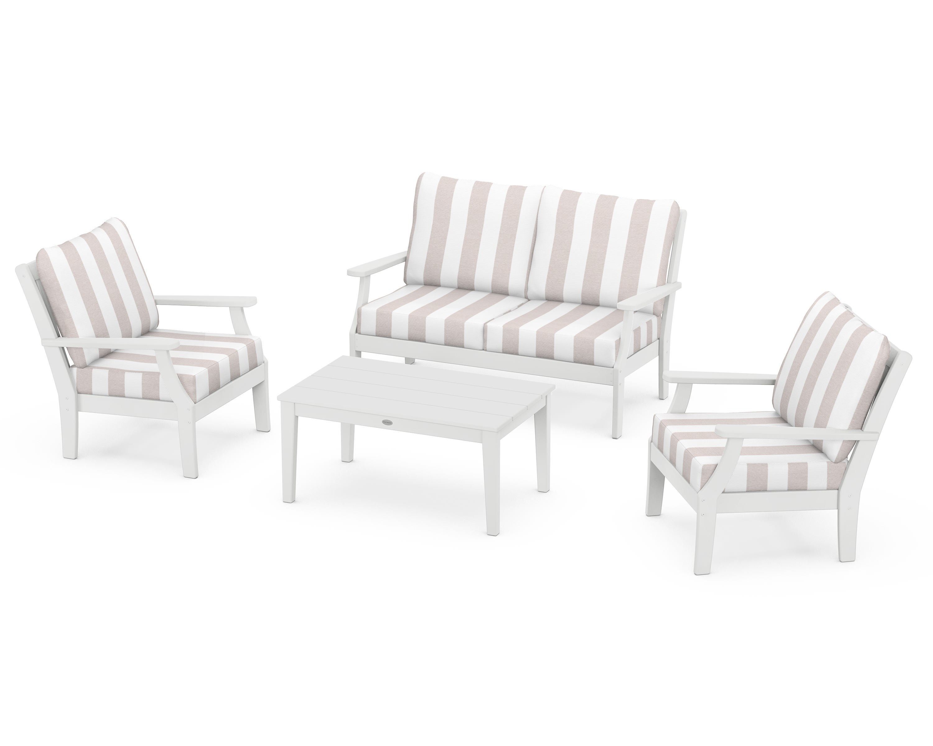 POLYWOOD® Braxton 4-Piece Deep Seating Chair Set in White / Cabana Stripe Dune Burlap