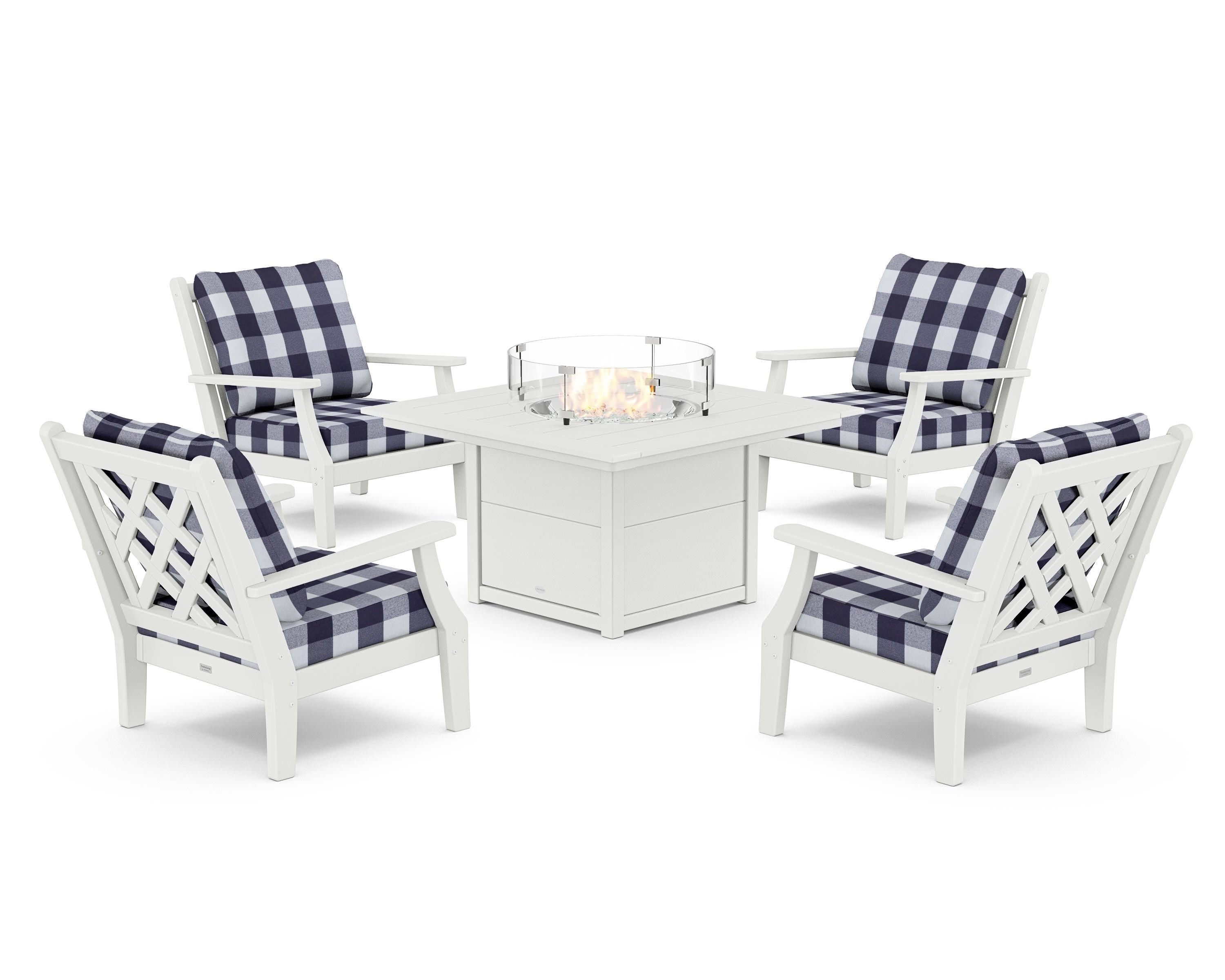 Country Living Wovendale 5-Piece Deep Seating Set with Fire Pit Table in White / Buffalo Plaid Navy