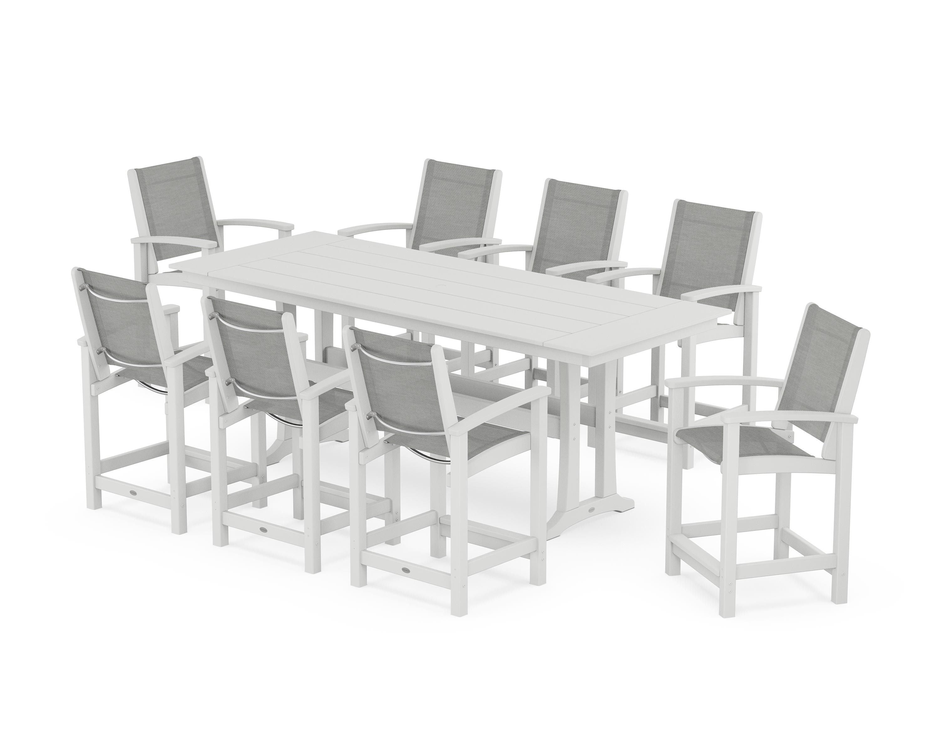 POLYWOOD® Coastal 9-Piece Farmhouse Counter Set with Trestle Legs in White / Metallic Sling