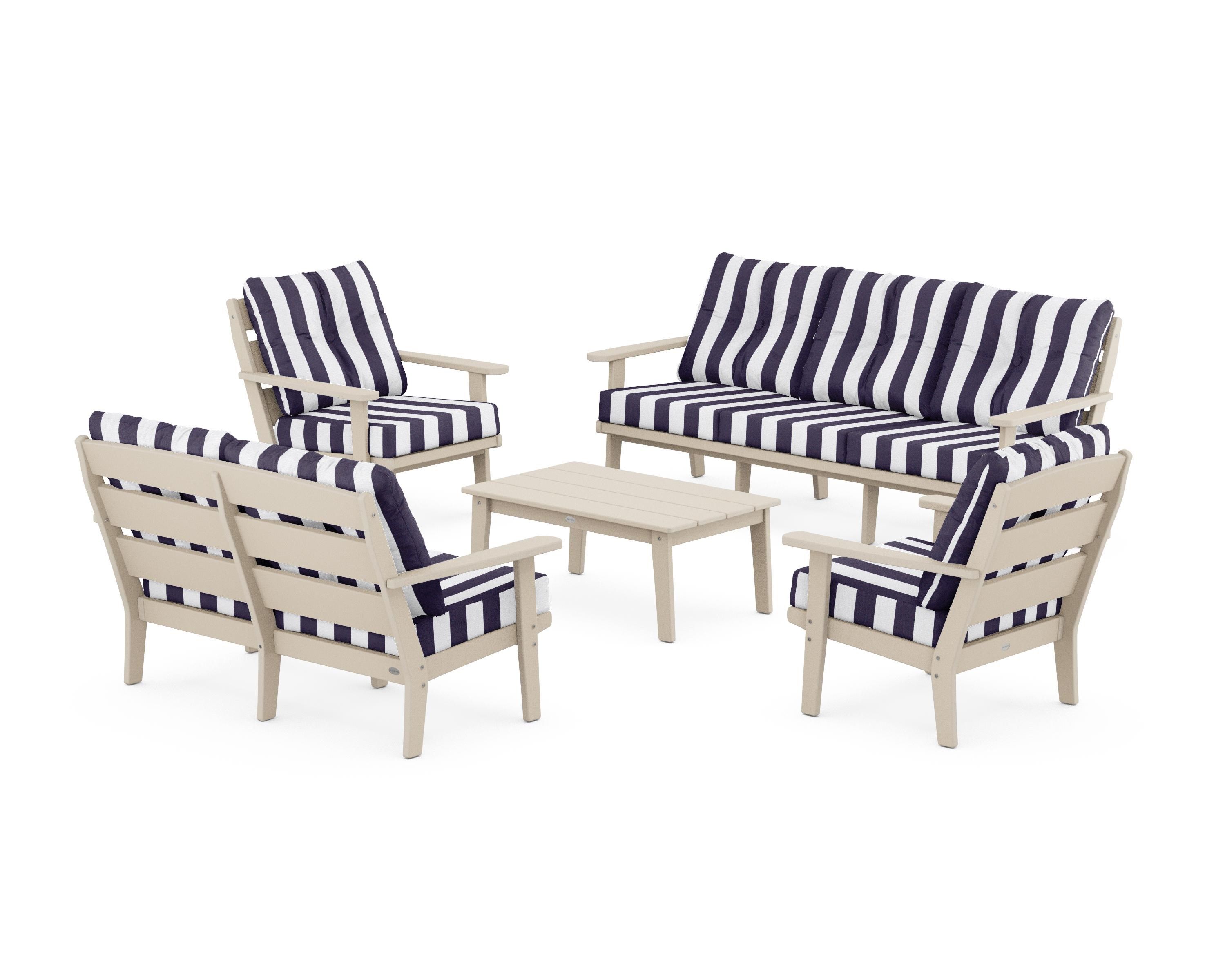 POLYWOOD® Lakeside 5-Piece Lounge Sofa Set in Sand / Cabana Stripe Navy