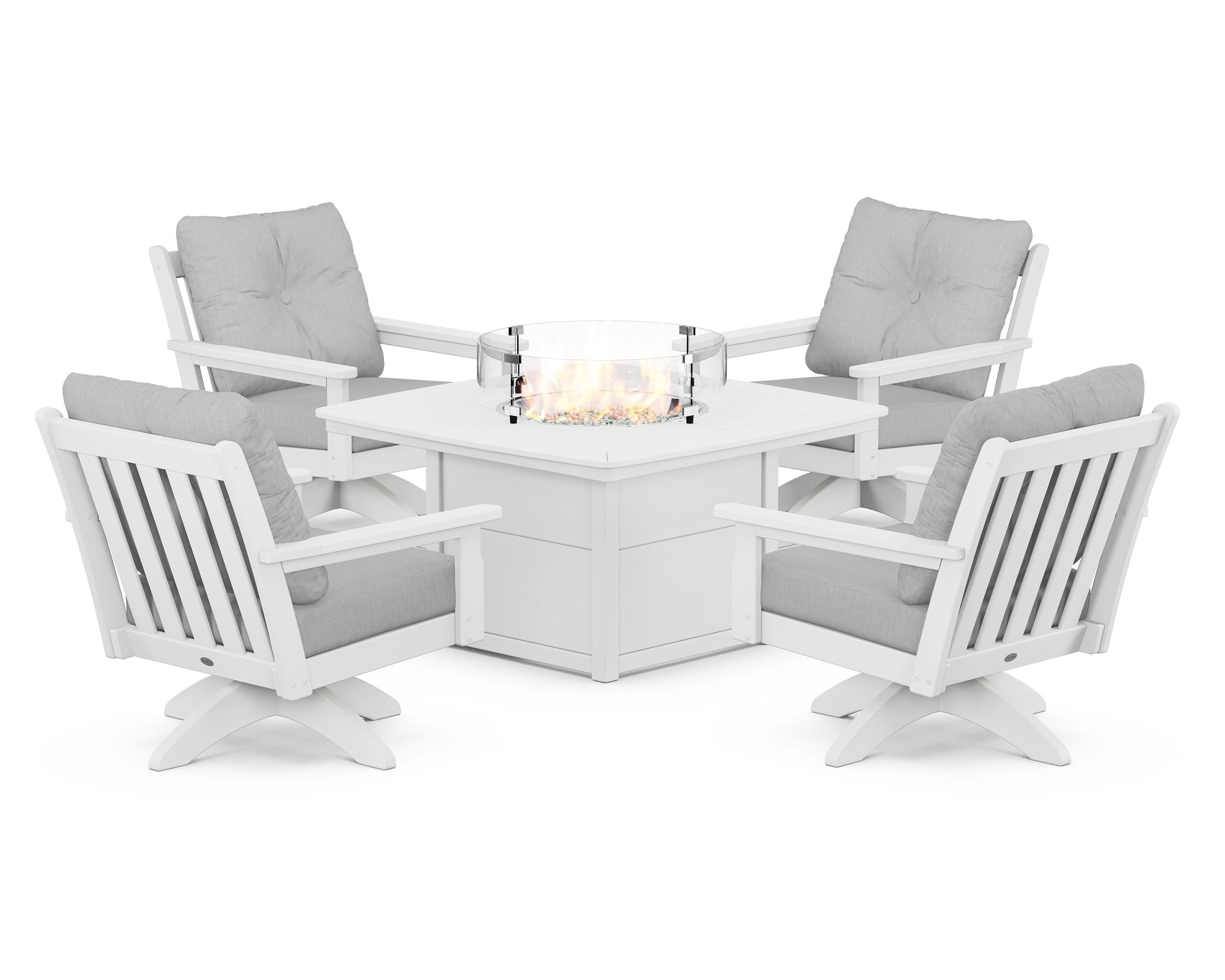 POLYWOOD® Vineyard 5-Piece Deep Seating Swivel Conversation Set with Fire Pit Table in White / Granite